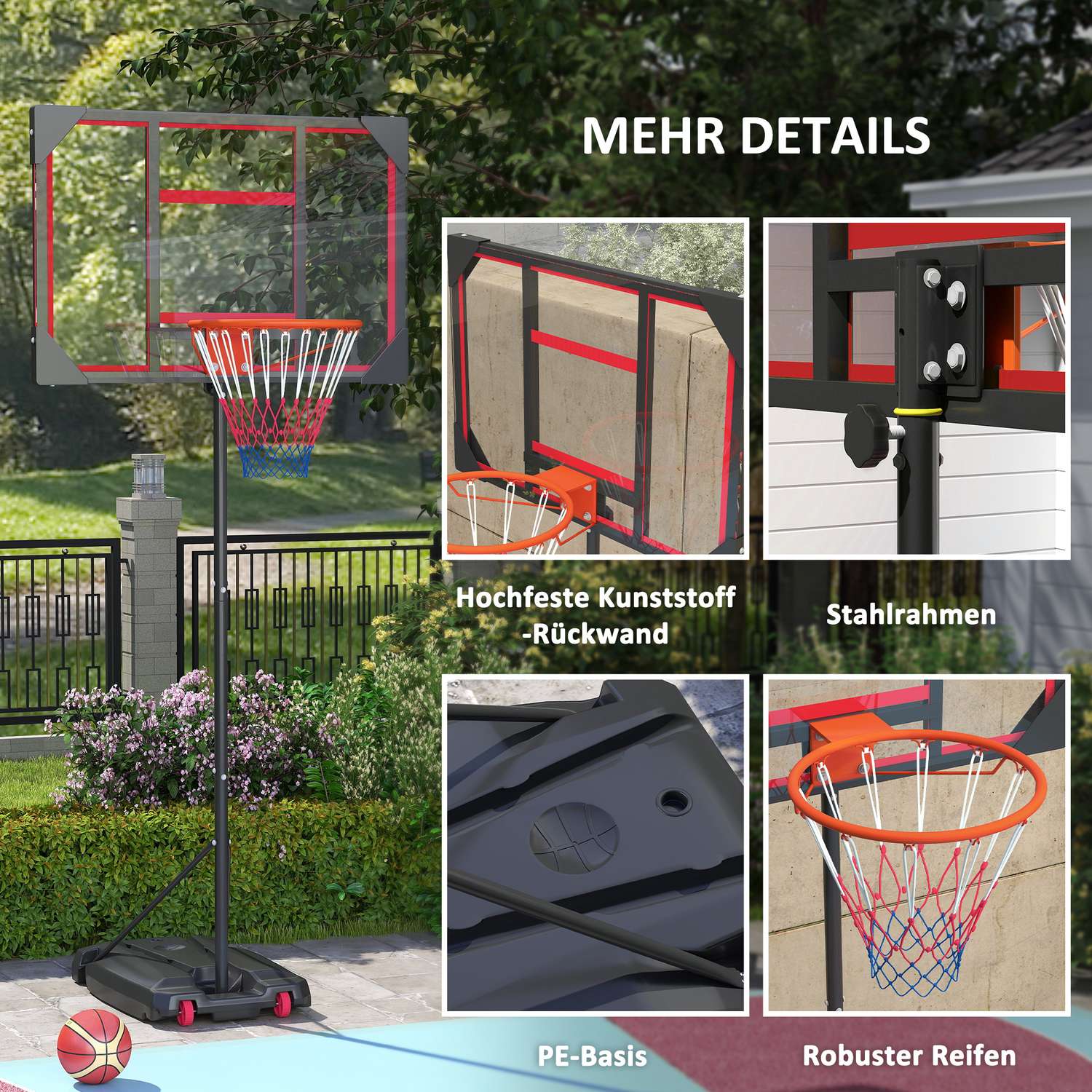 Justerbar basketbåge för barn, 210-260 cm, med hjul