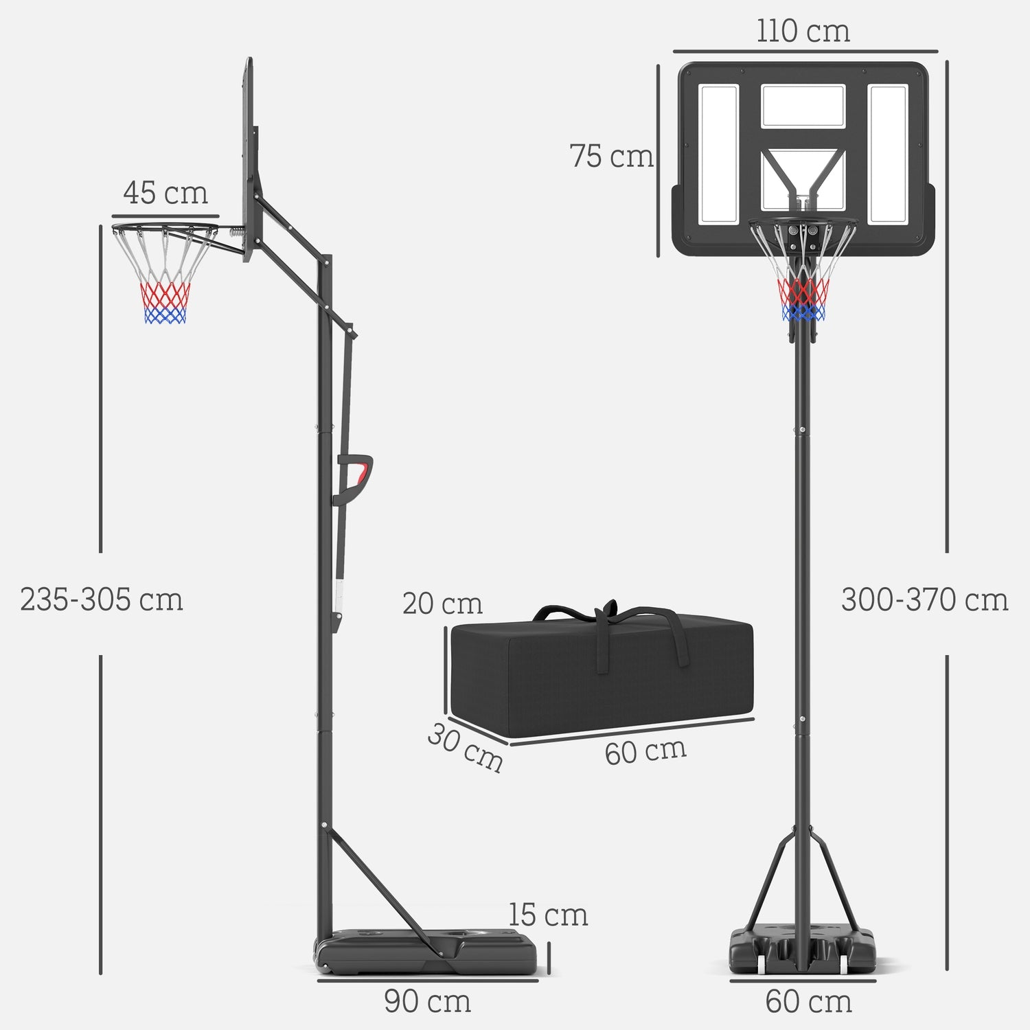 Justerbar utomhusbasketbåge med hjul, 230-305 cm