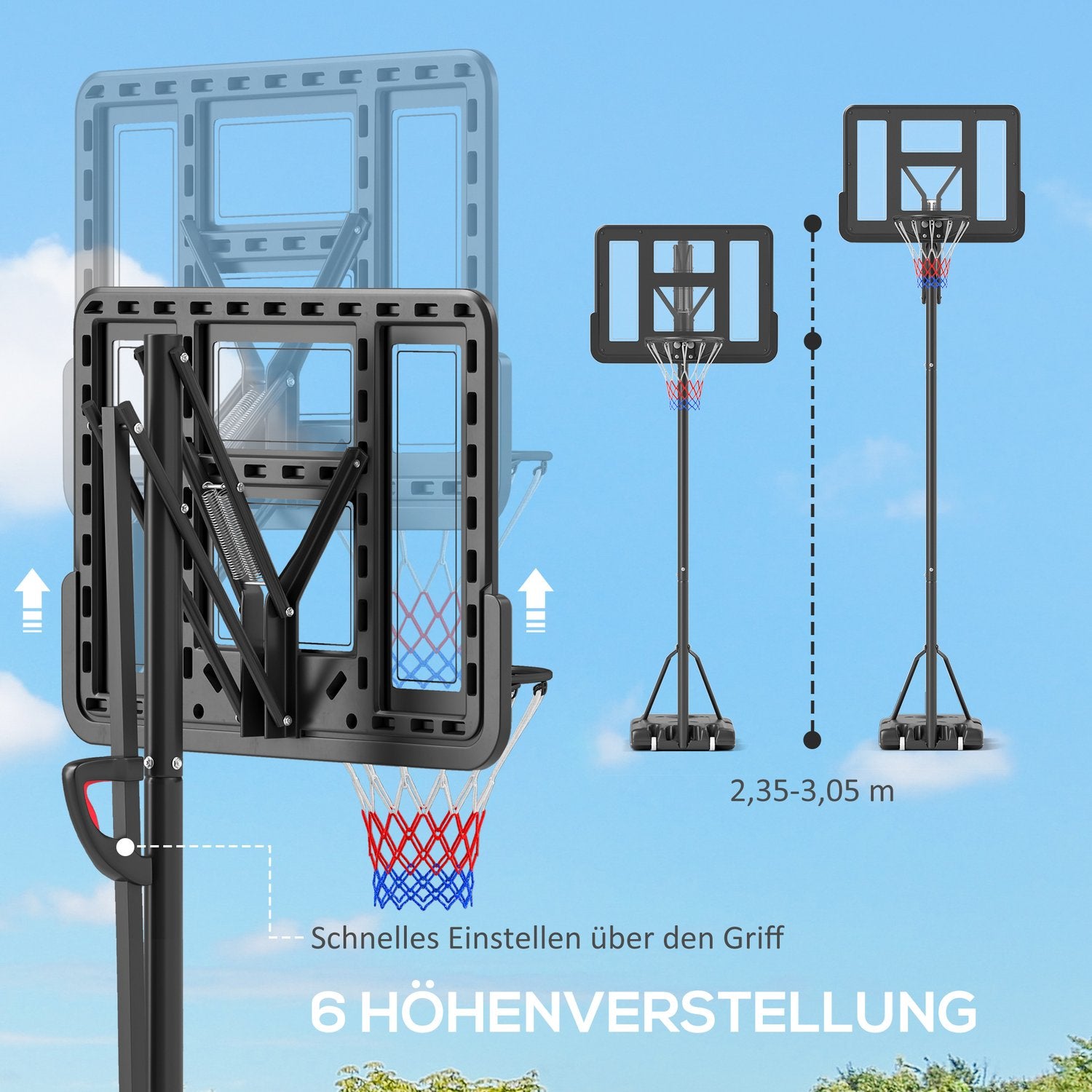 Justerbar utomhusbasketbåge med hjul, 230-305 cm