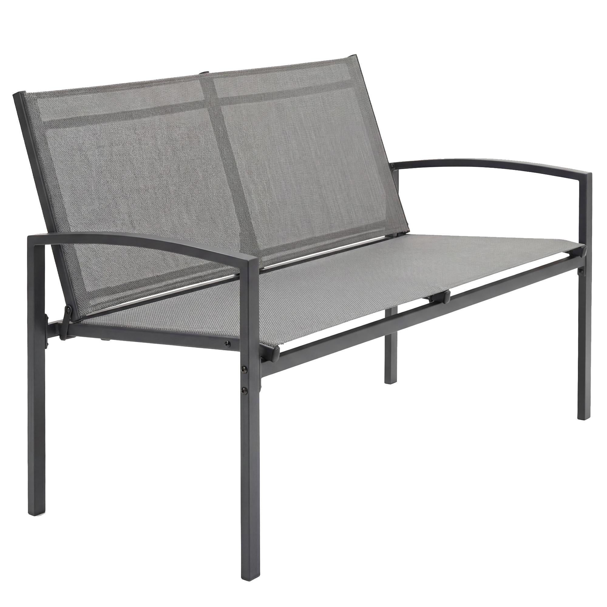 Utomhusbänk i metall, 2-sits, ventilerande tyg, grå