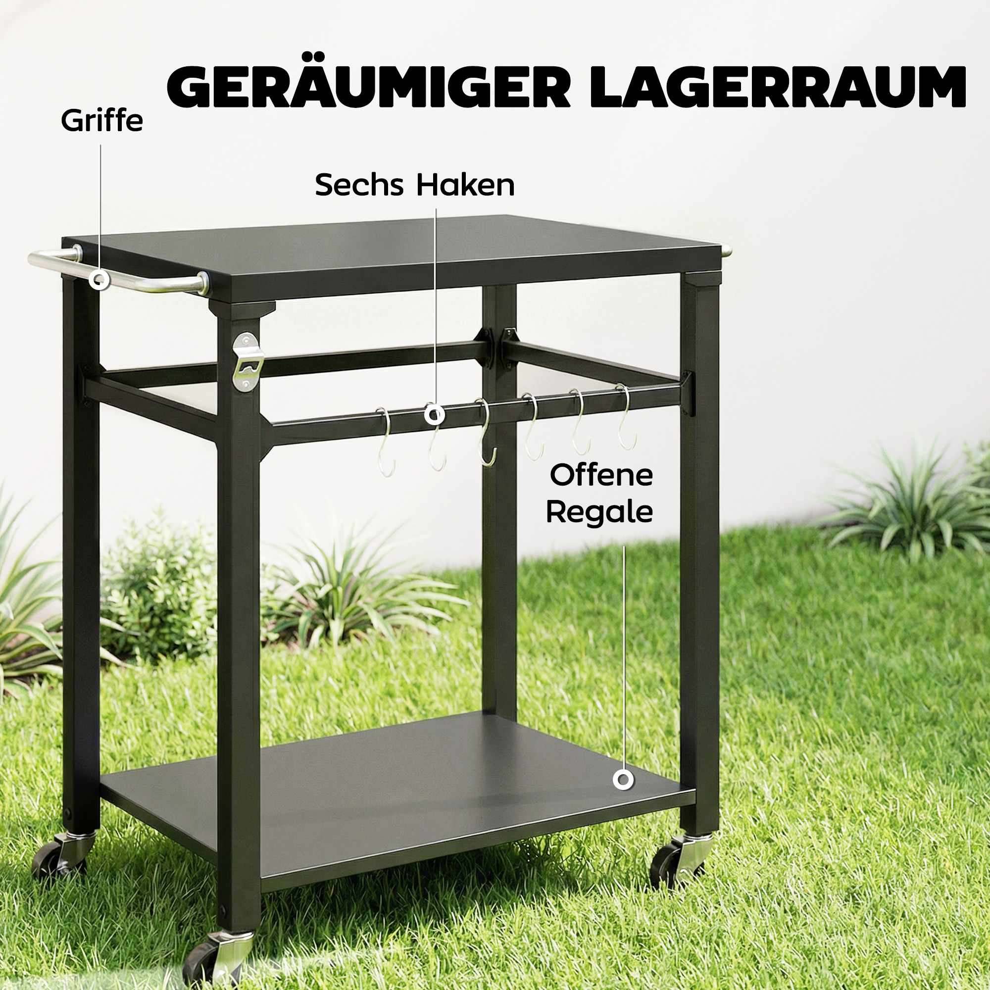Utomhusgrillvagn med förvaring, metallyta, svart
