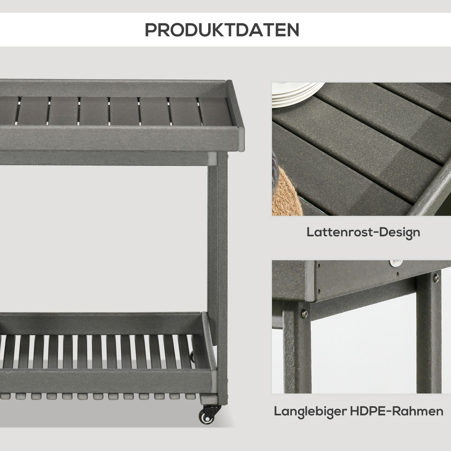 Utomhusgrillvagn med handdukshängare och 2 hyllor, 87x50x80cm