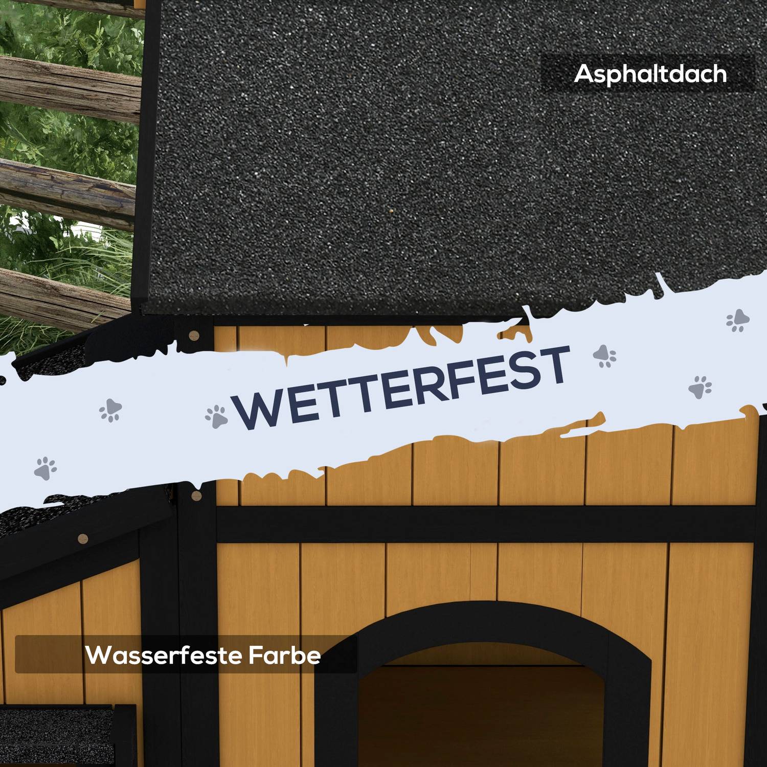 Utomhus katthus i trä, 2-vånings, asfalttak, gul