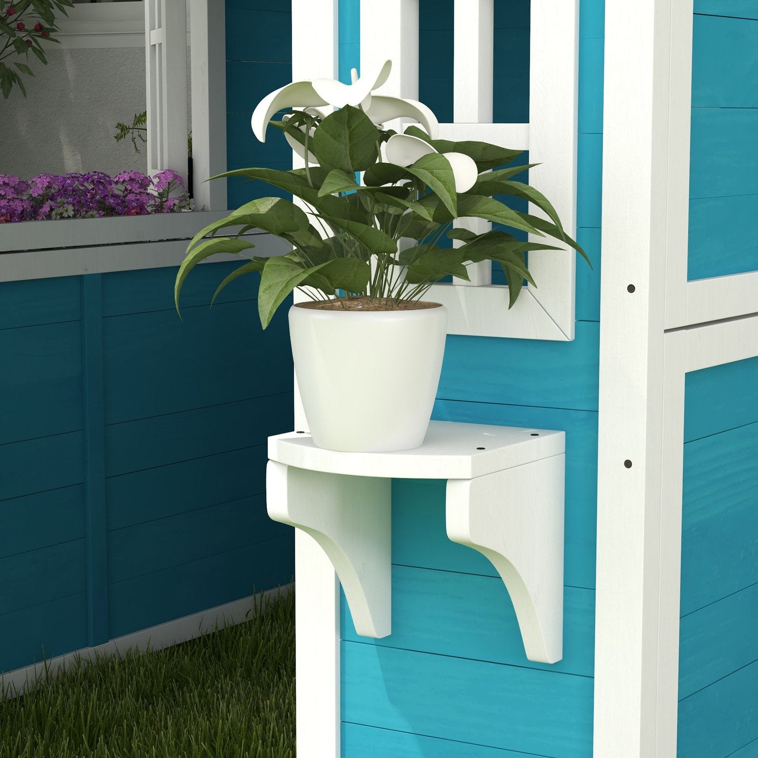 Utomhuslekstuga i trä med fönster och blomsterhylla för barn