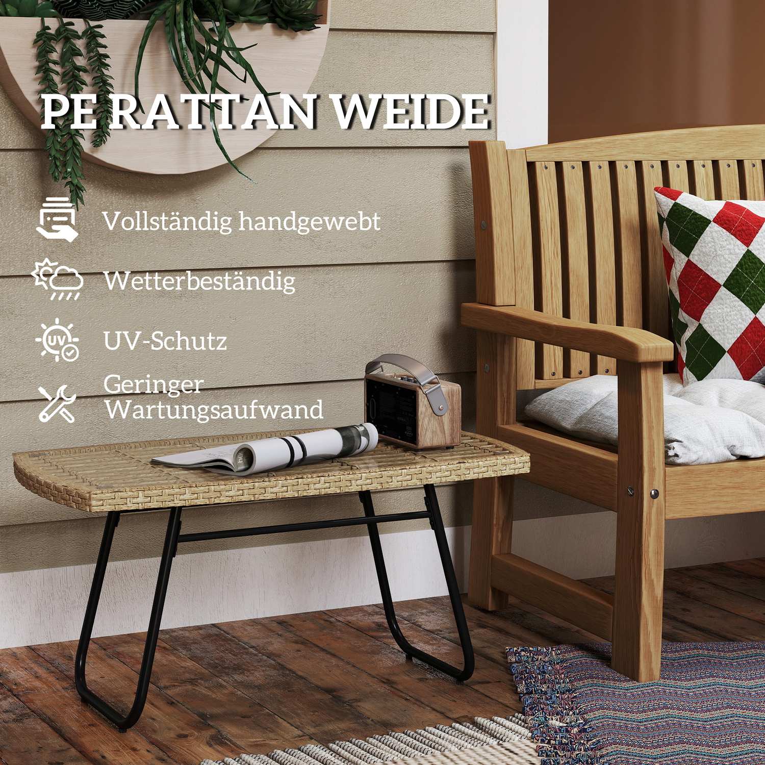 Utomhus polyrattan sidobord, UV-beständig, glasskiva