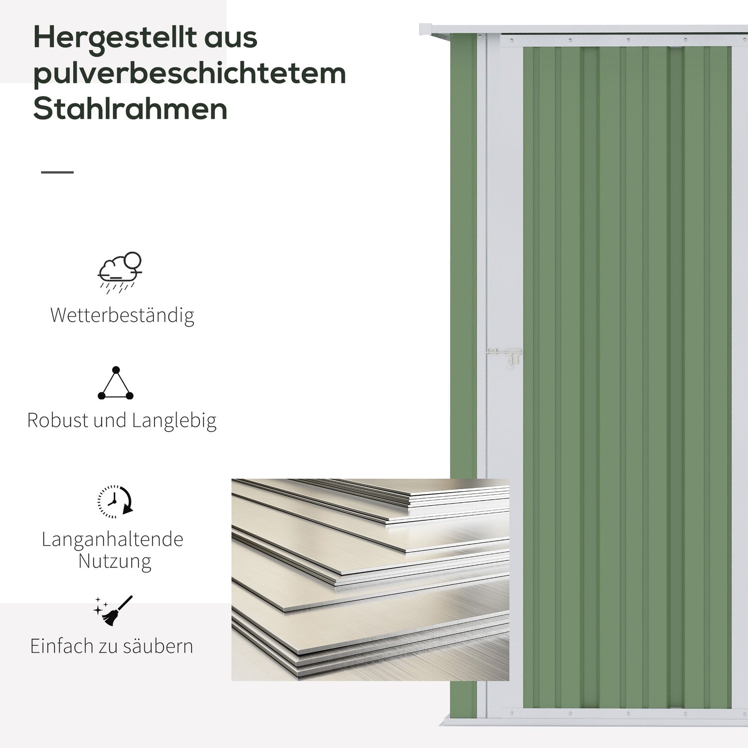 Utomhusredskapsbod, stål med dörr, grön, 142x84x189 cm