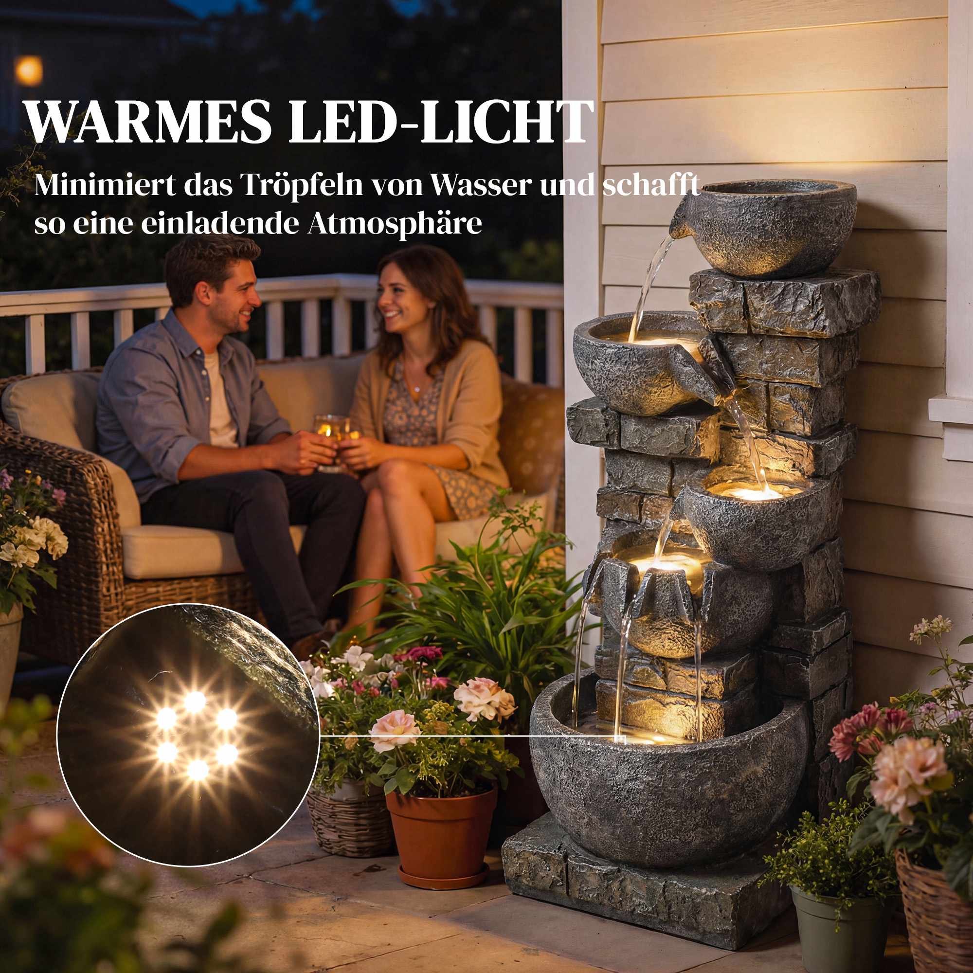 Utomhusträdgårdsfontän med 5-nivåers vattenfall och LED-lampor