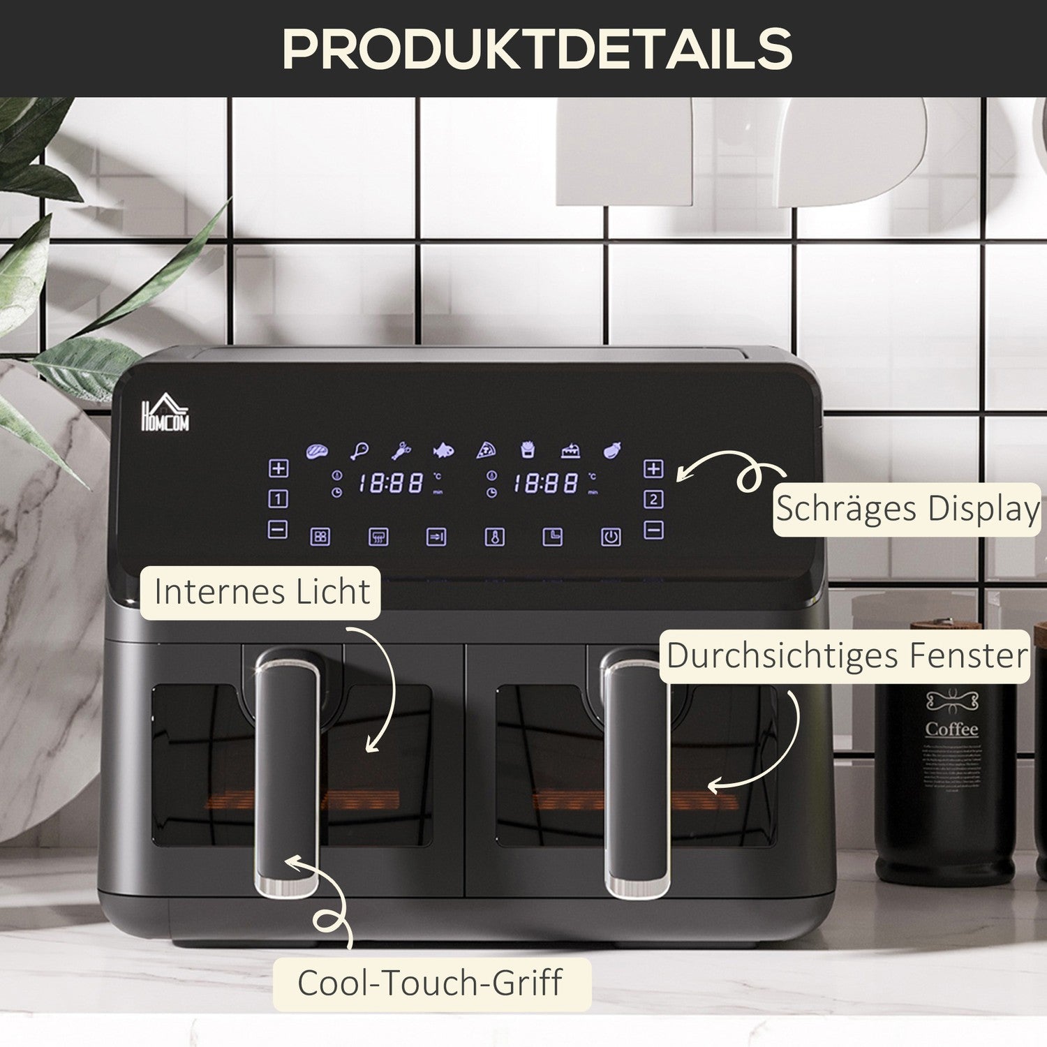 8L Air Fryer, Dual Chamber, No Oil, 2500W, Svart
