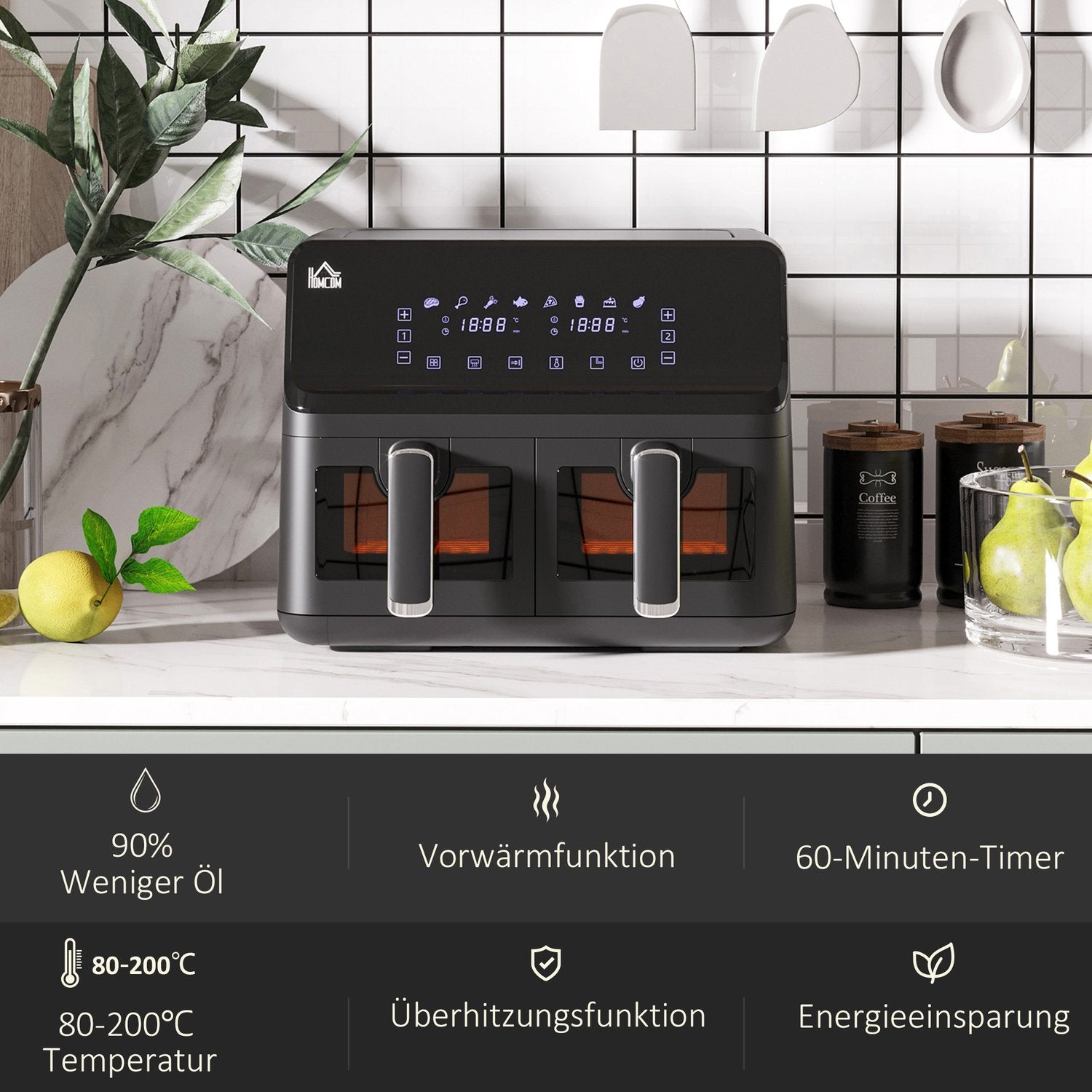 8L Air Fryer, Dual Chamber, No Oil, 2500W, Svart