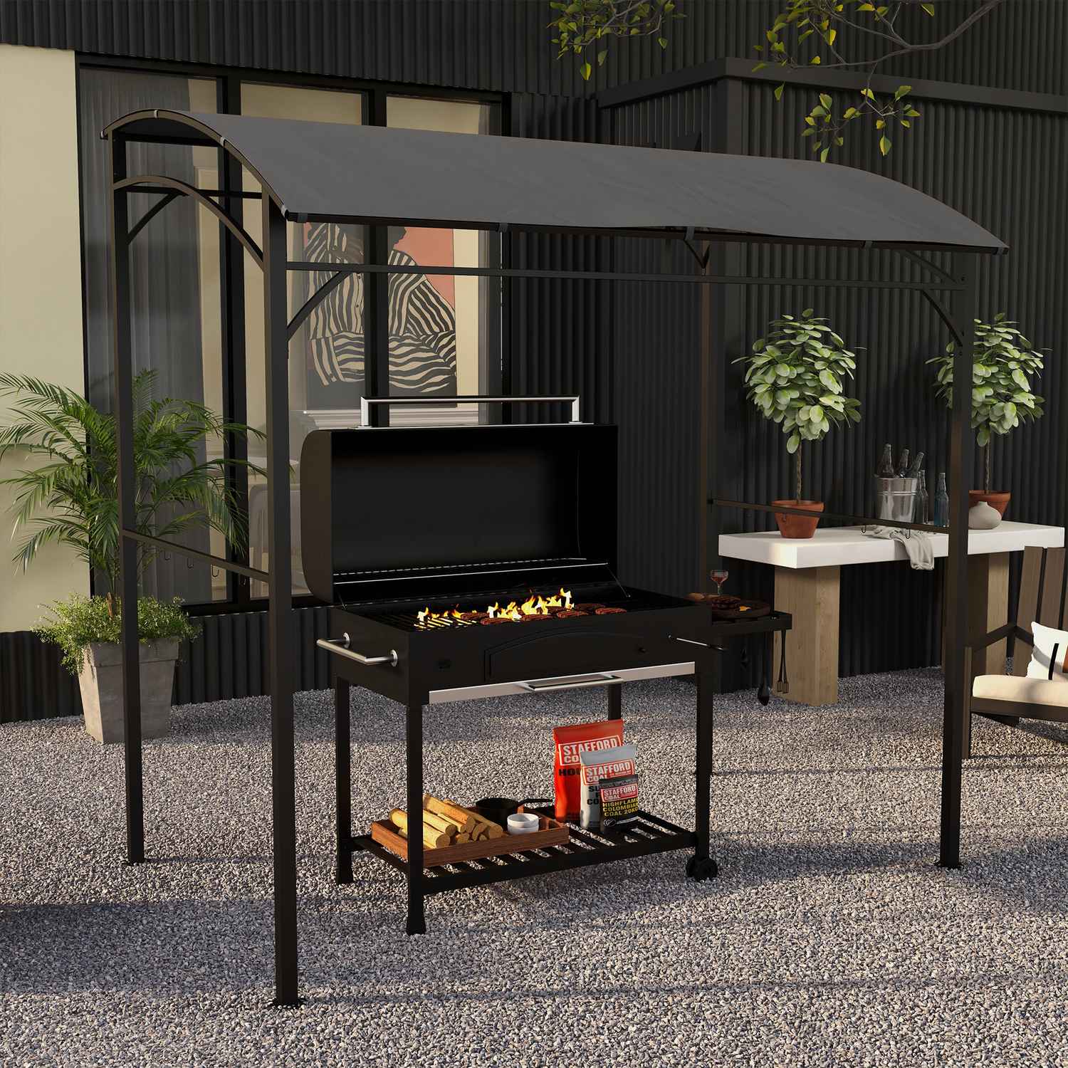 Vattenavvisande grillpaviljong, böjt tak, 215x150x220 cm, mörkgrå