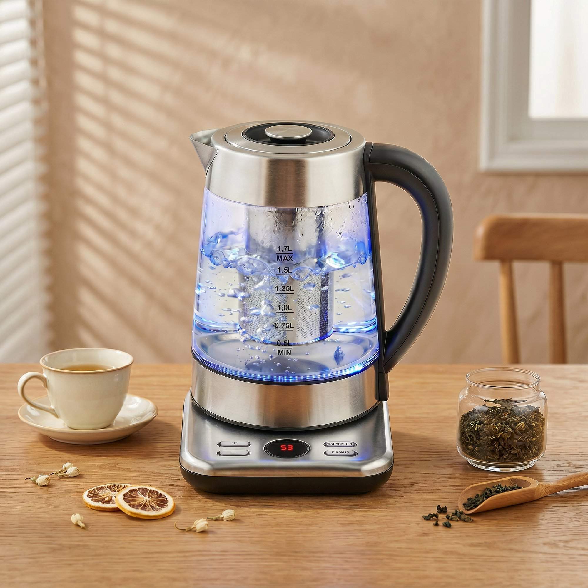 Vattenkokare 1,7 l, 2200 W, glas, Strix termostat, tebryggare