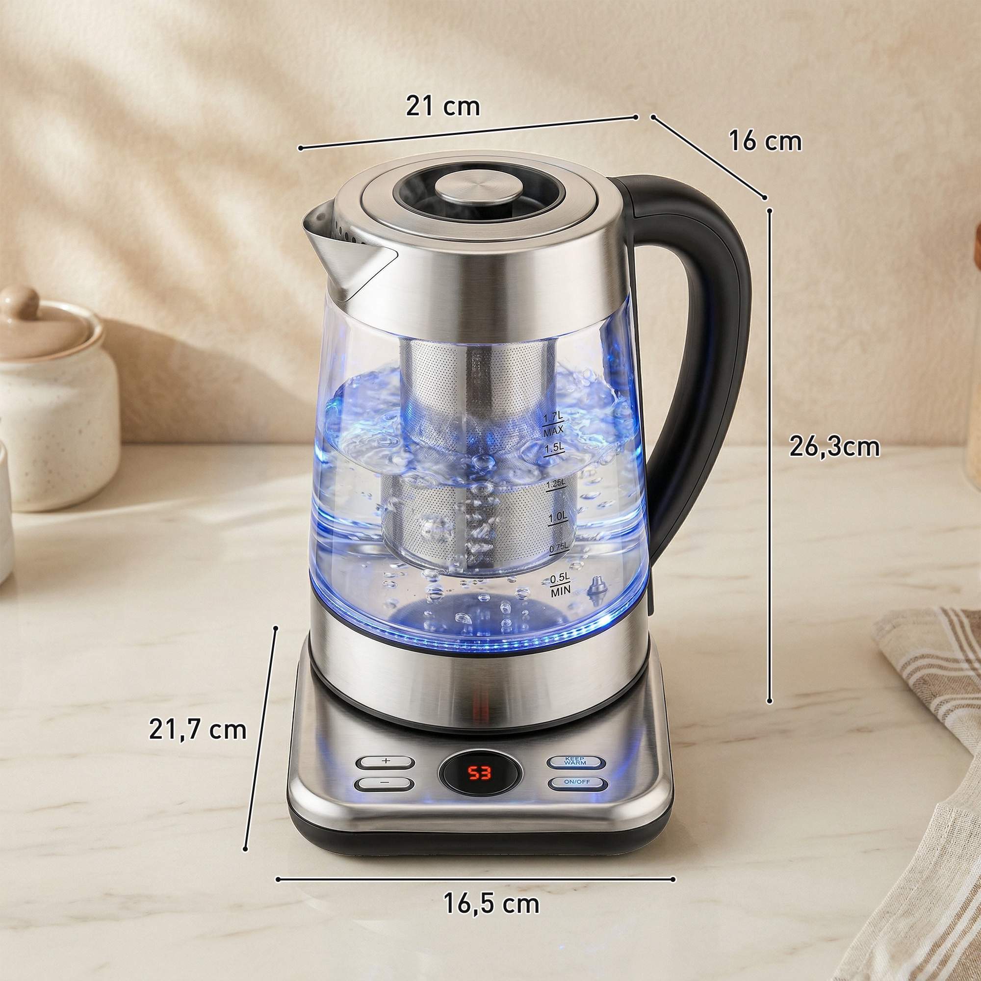 Vattenkokare 1,7 l, 2200 W, glas, Strix termostat, tebryggare