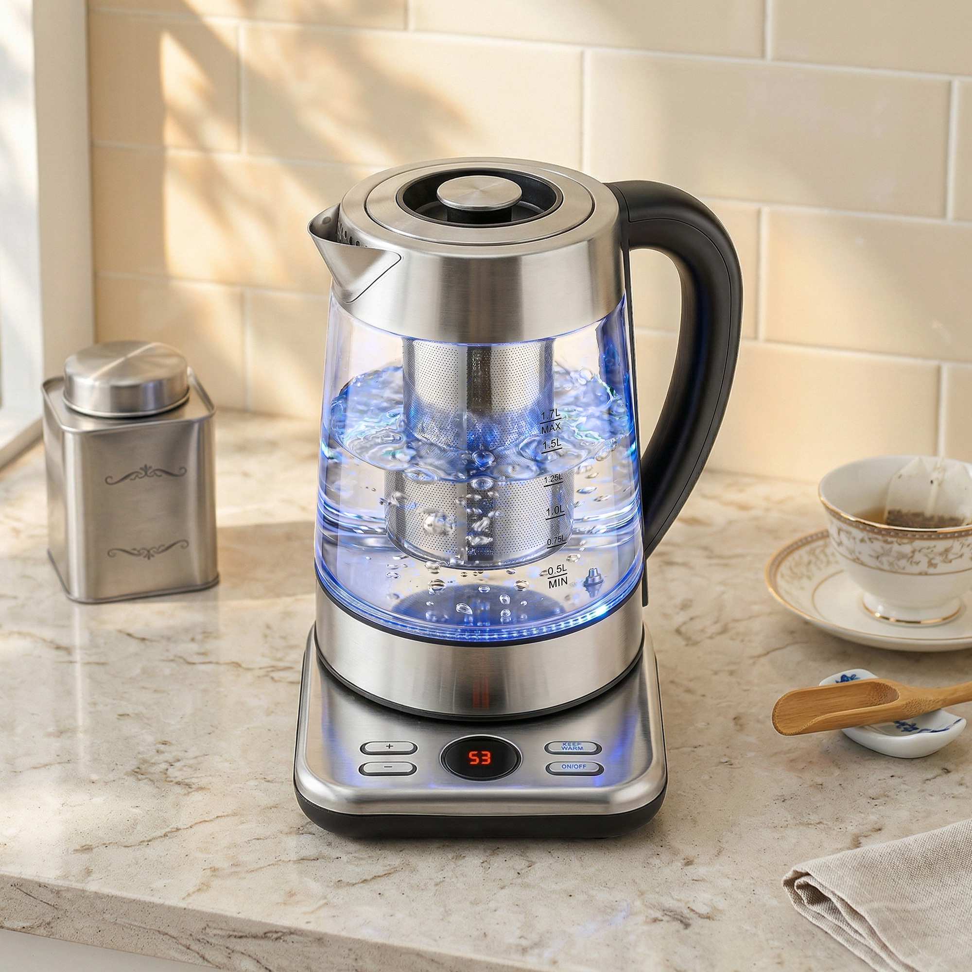 Vattenkokare 1,7 l, 2200 W, glas, Strix termostat, tebryggare