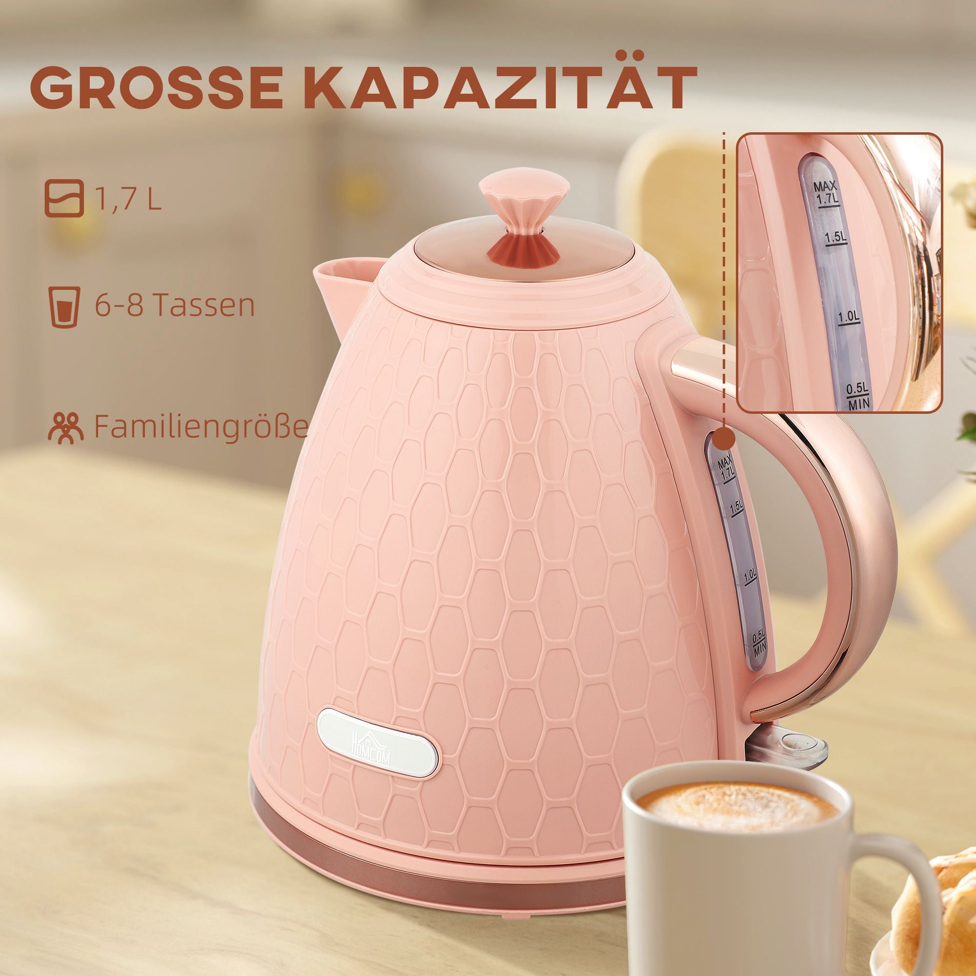 Vattenkokare 1,7 l, snabbkokning, 2200 W, sladdlös, rosa