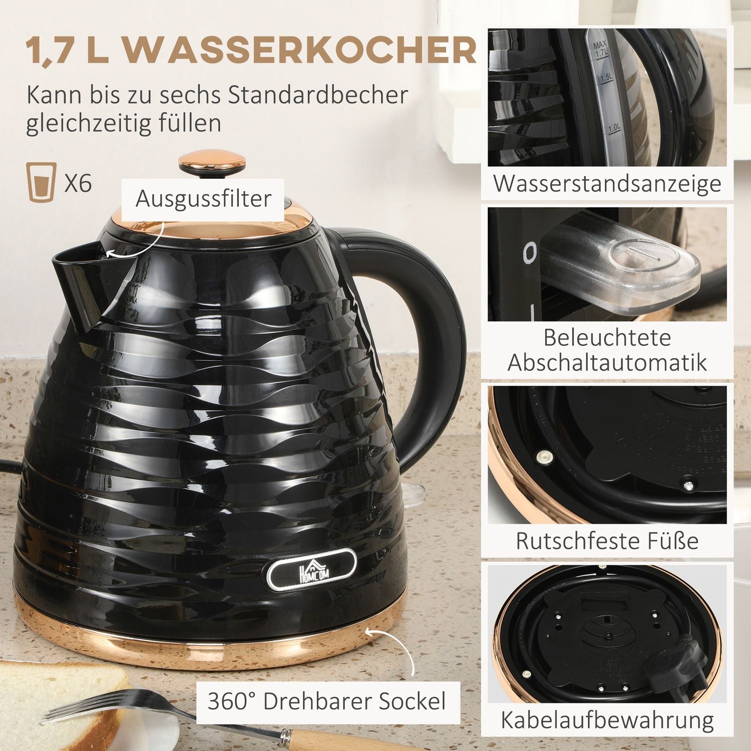 Vattenkokare och brödrost frukostset, 1,7L, 4 skivor, svart