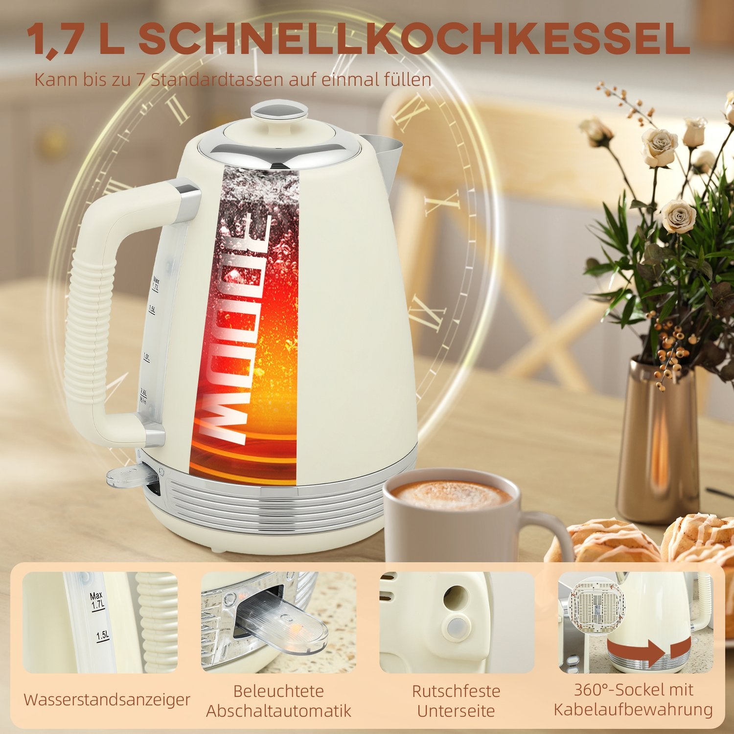 Vattenkokare och brödrost, 1,7 l, 2200 W, 4 platser, 7 rostningsnivåer