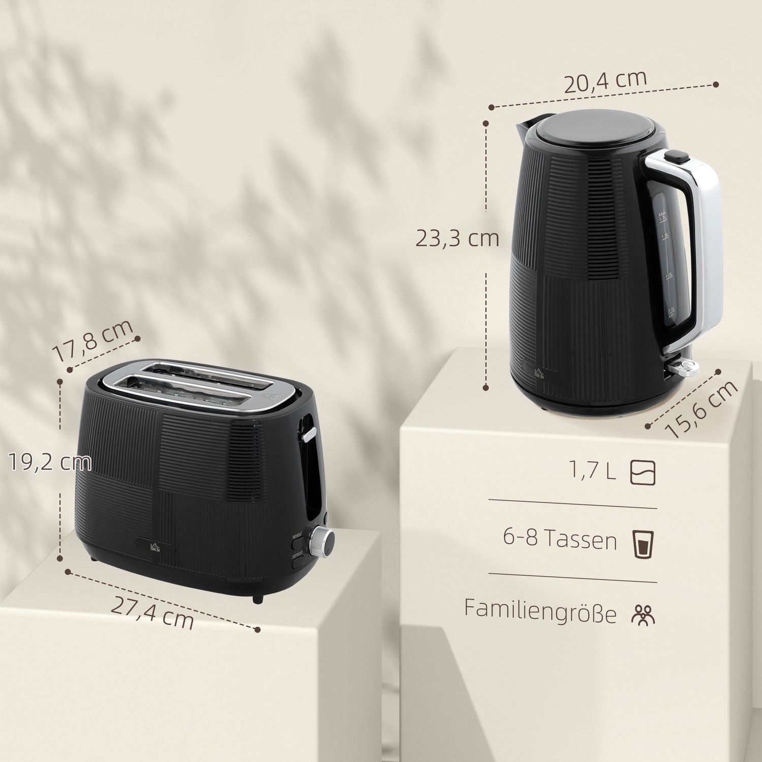 Vattenkokare och brödrostset, 1,7 l, rostfritt stål, svart