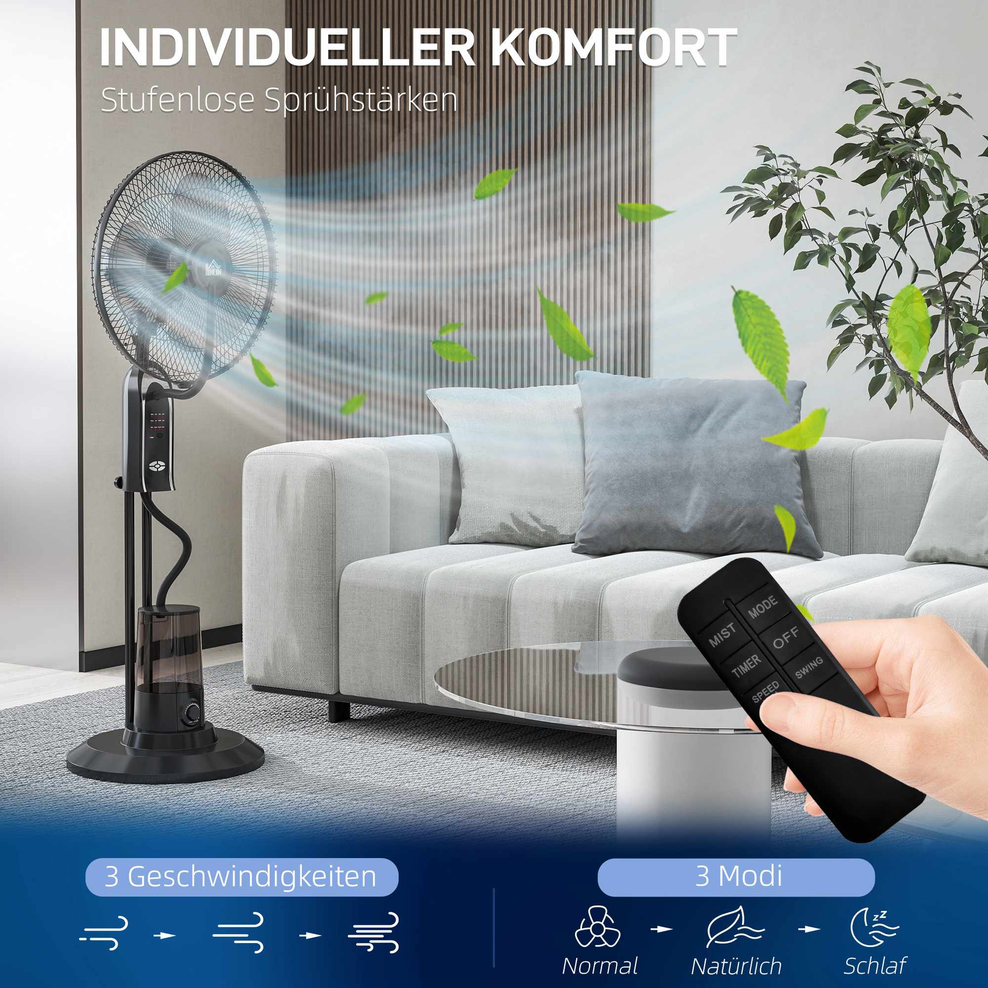 Vattenkylningsfläkt med luftfuktare, 3 hastigheter, svart, 75W