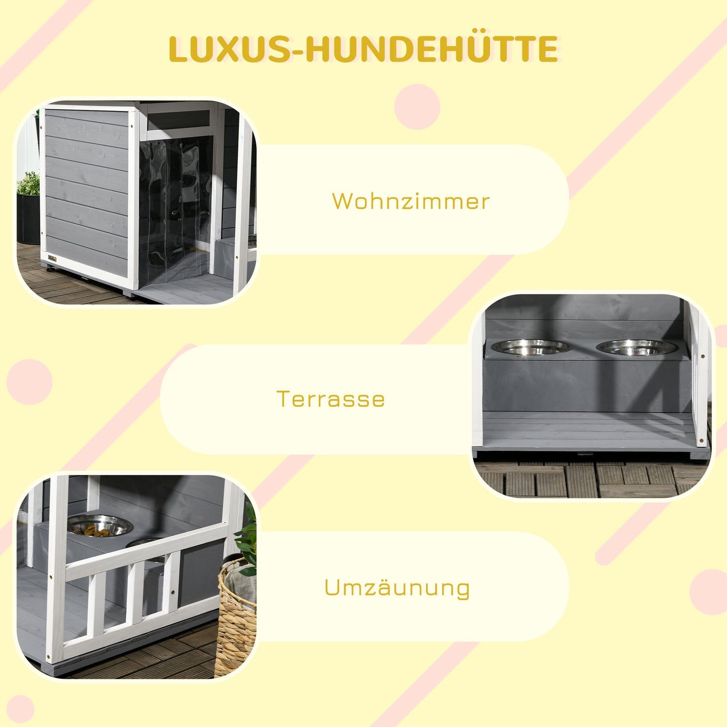 Väderbeständig Gran Wood Dog House med terrass och skålar