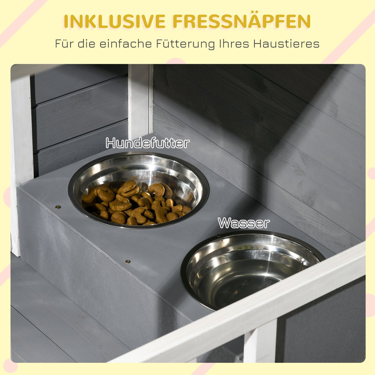 Väderbeständig Gran Wood Dog House med terrass och skålar