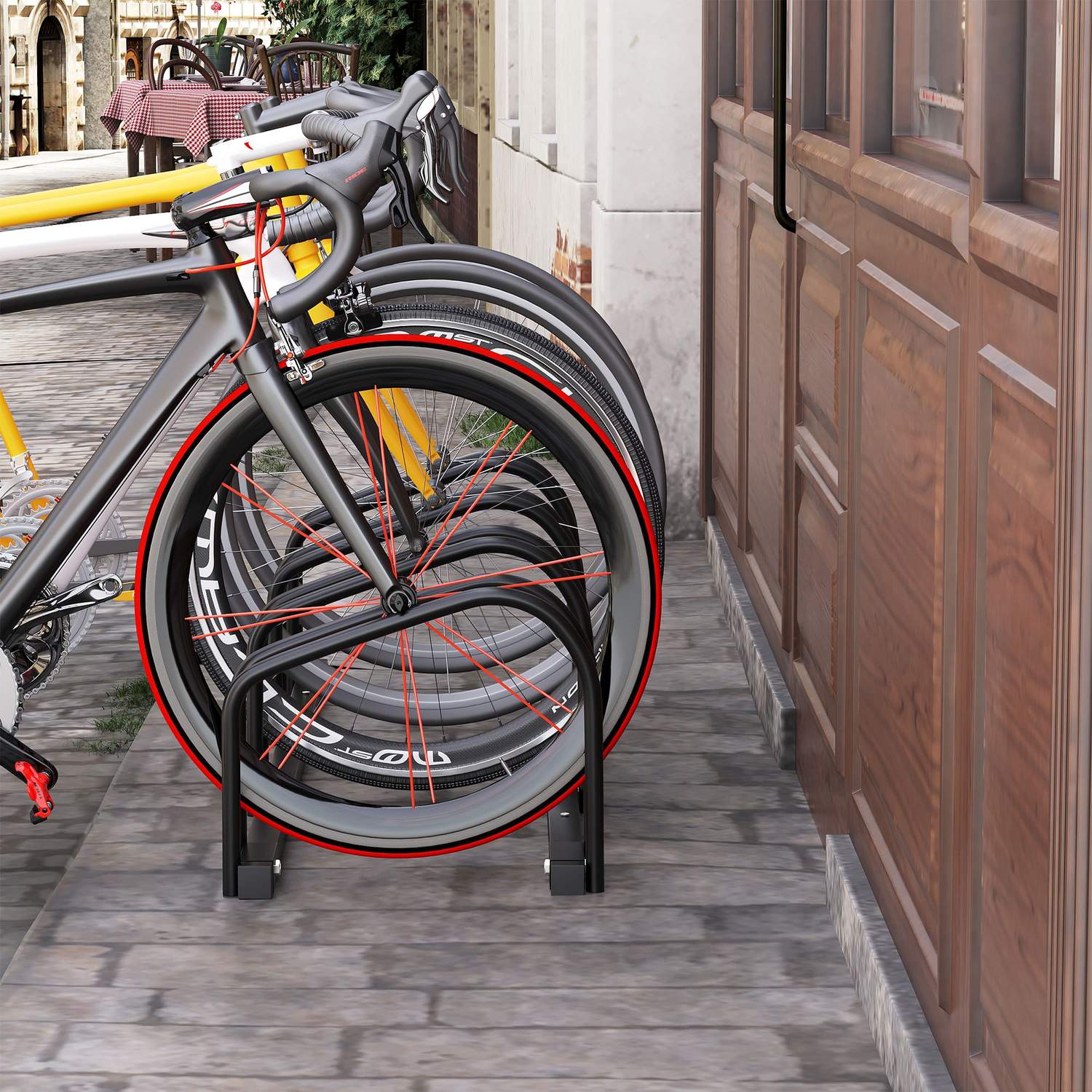 Väderbeständigt cykelställ i stål för 5, golv- och väggfäste