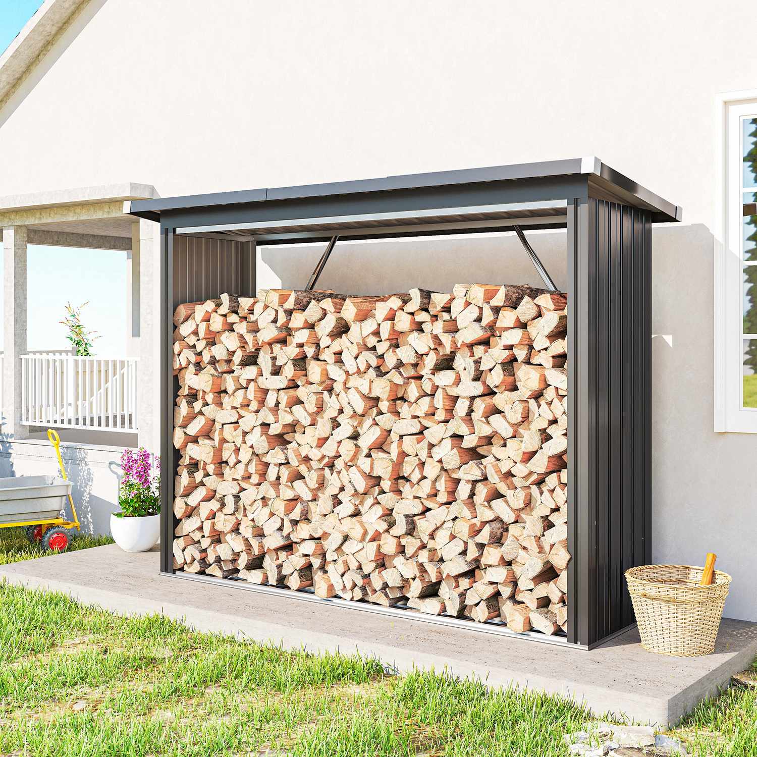 Vedbod, stål, förhöjt golv, 213x66,5x150 cm