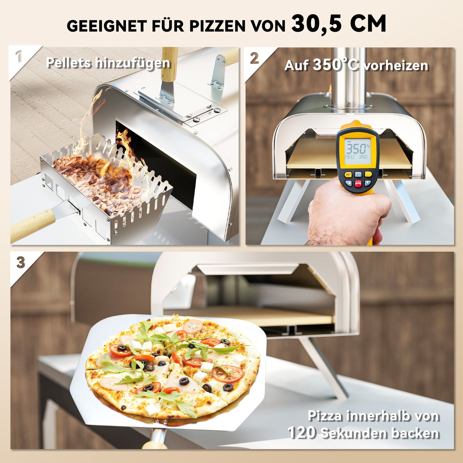 Vedeldad pizzaugn i rostfritt stål med sten, bärbar