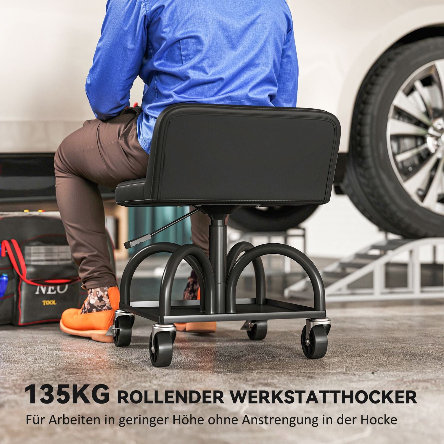 Verkstadspall med hjul, förvaringsutrymme, 58,5 cm hög, rullande pall, lastkapacitet upp till 135 kg, svart