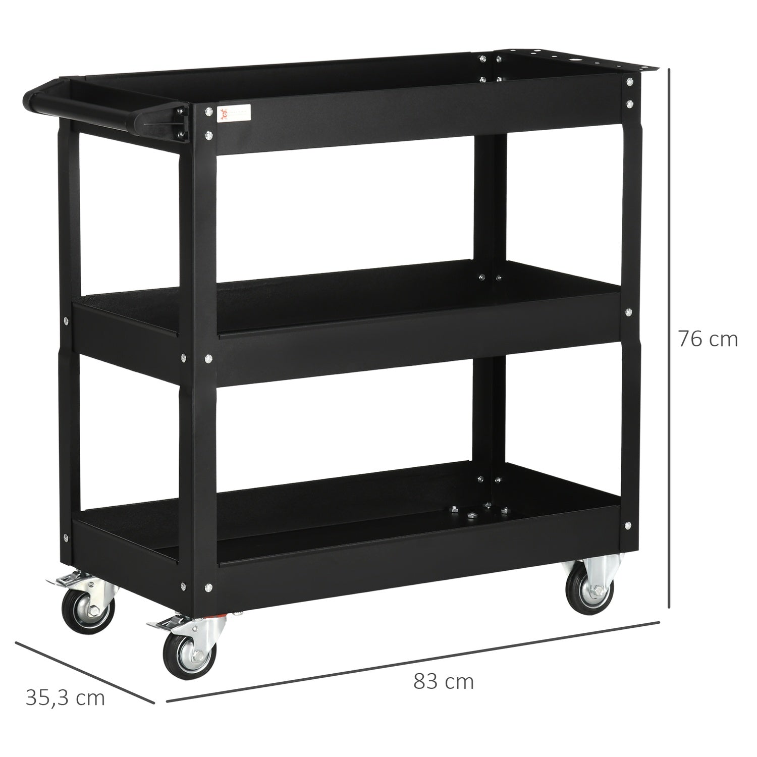 Stålverkstadsvagn, 3 hyllplan, hjul, 150 kg Kapacitet
