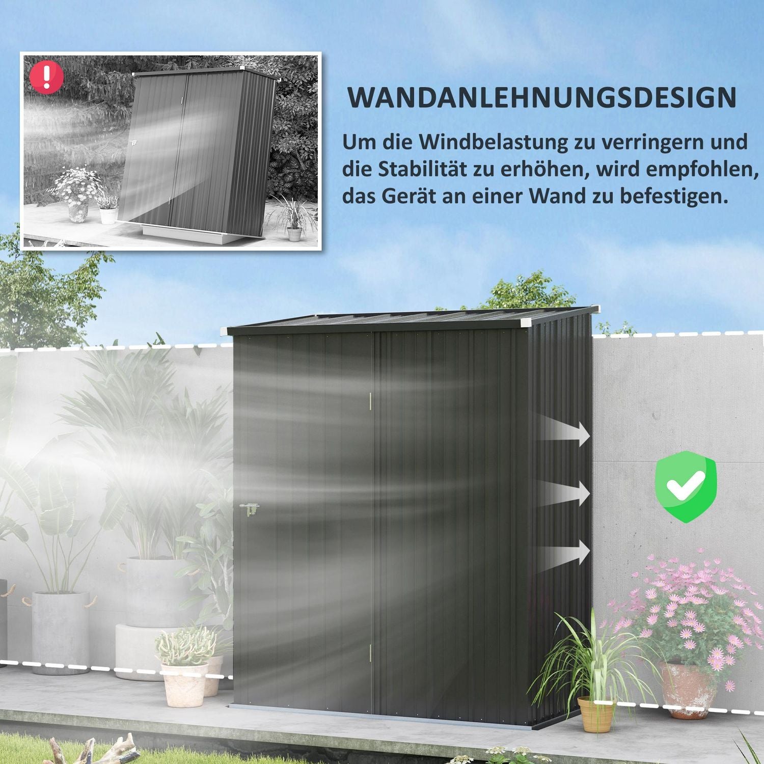 Låsbart trädgårdsskjul i stål 1,34m² – Svart, fällt tak