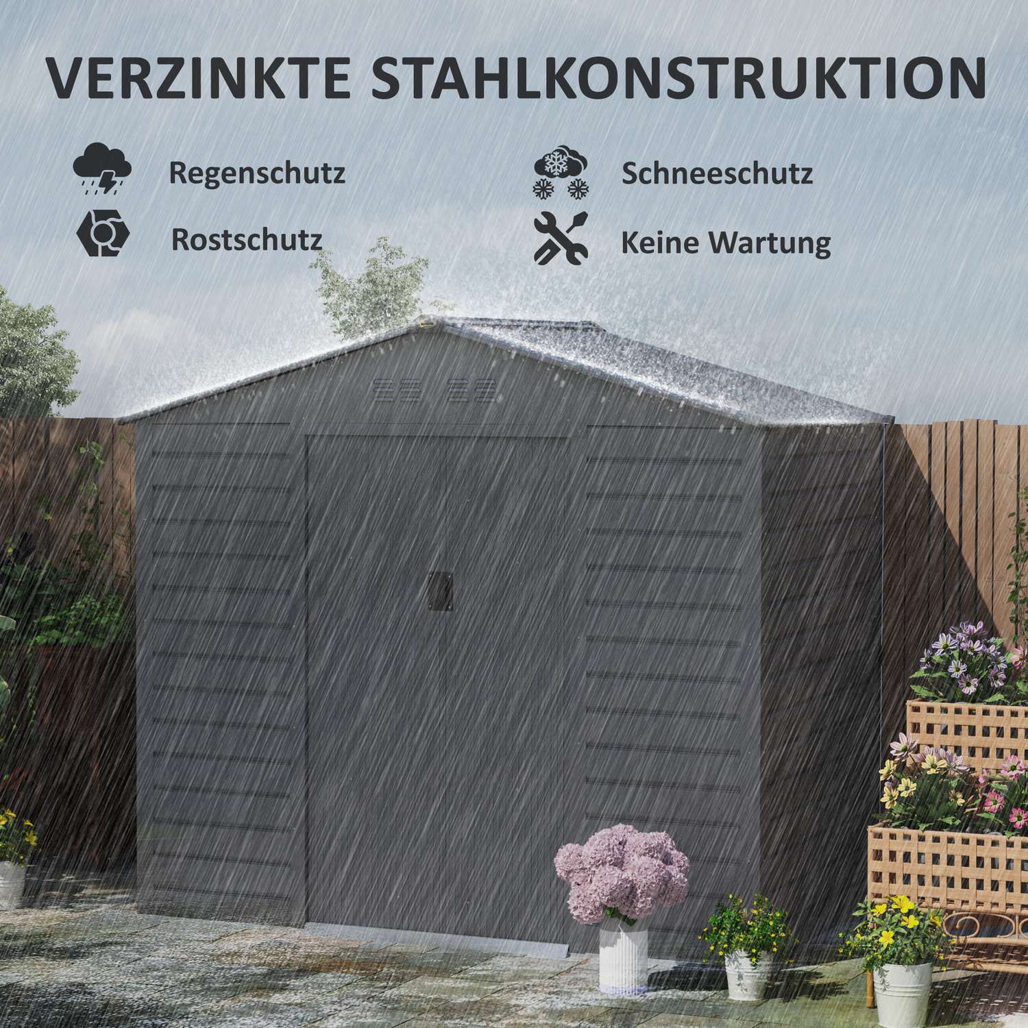 Trädgårdsskjul i galvaniserat stål, låsbart och väderbeständigt