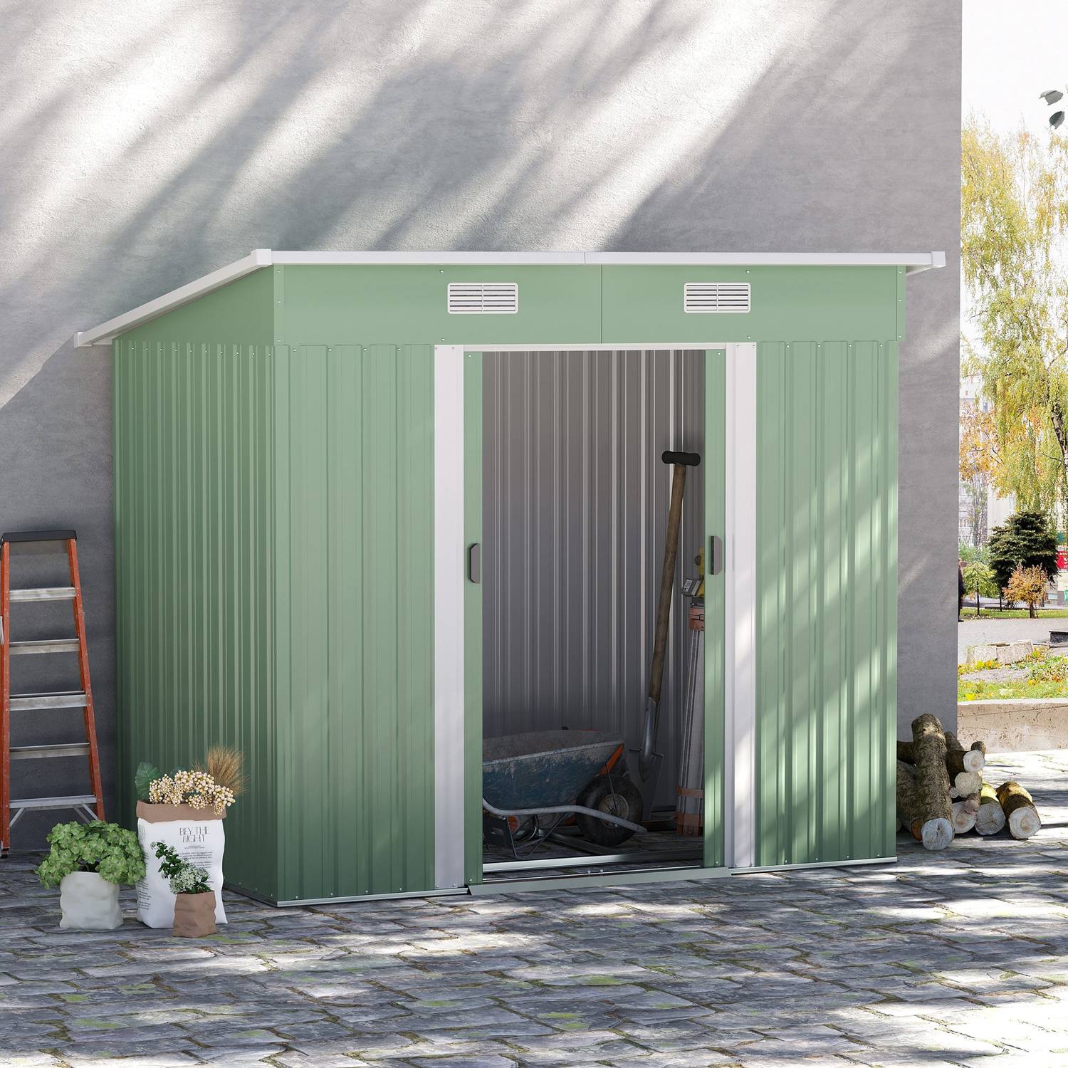 Verktygsbod i metall 2,3 m² 207 x 130 x 182 cm med takfönster golvram grön
