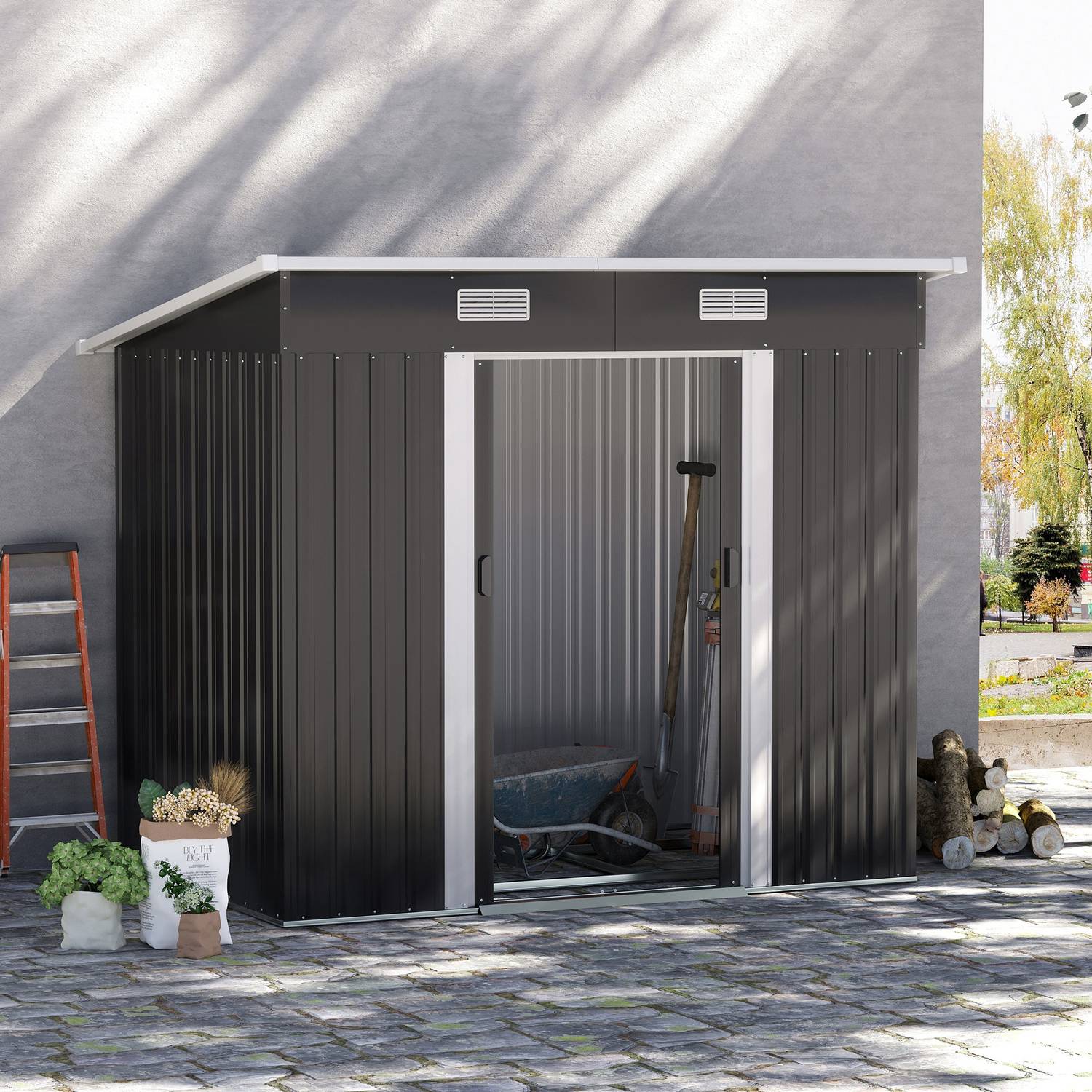 Verktygsbod i metall 2,3 m² 207 x 130 x 182 cm med takfönster golvram svart