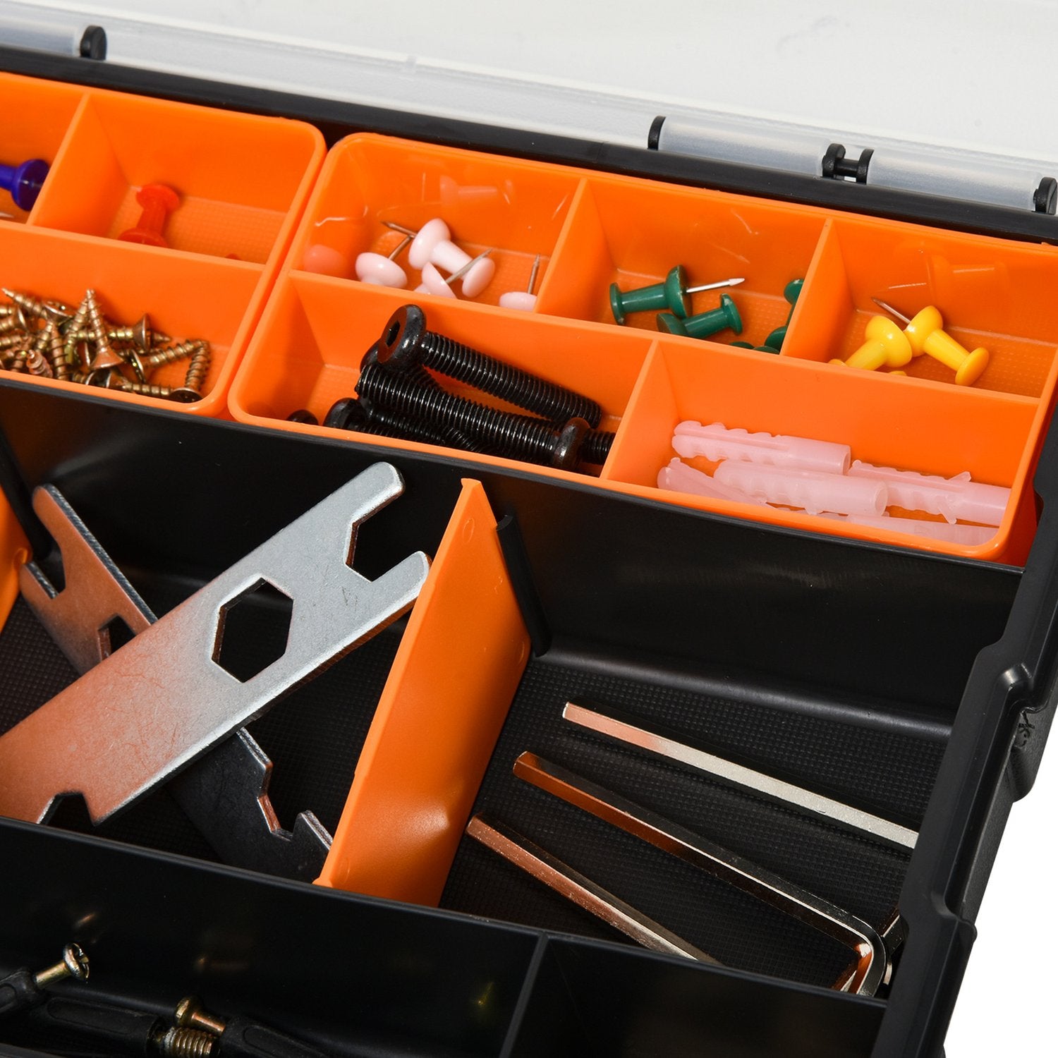 Multifunktionell verktygsförvaringslåda, 4-delad, plast, orange/svart