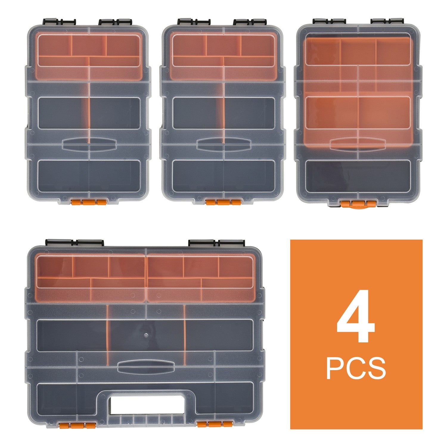 Multifunktionell verktygsförvaringslåda, 4-delad, plast, orange/svart
