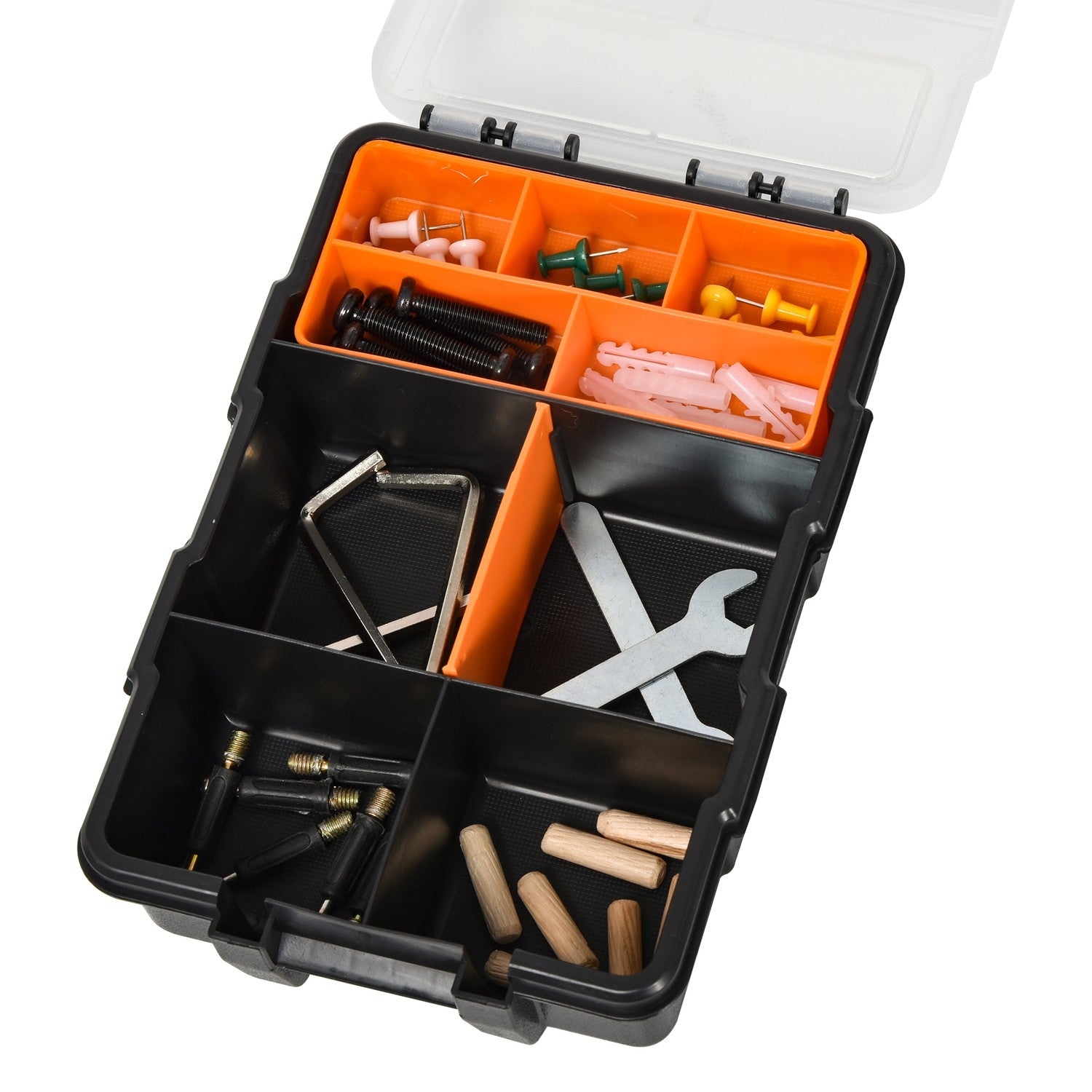 Multifunktionell verktygsförvaringslåda, 4-delad, plast, orange/svart