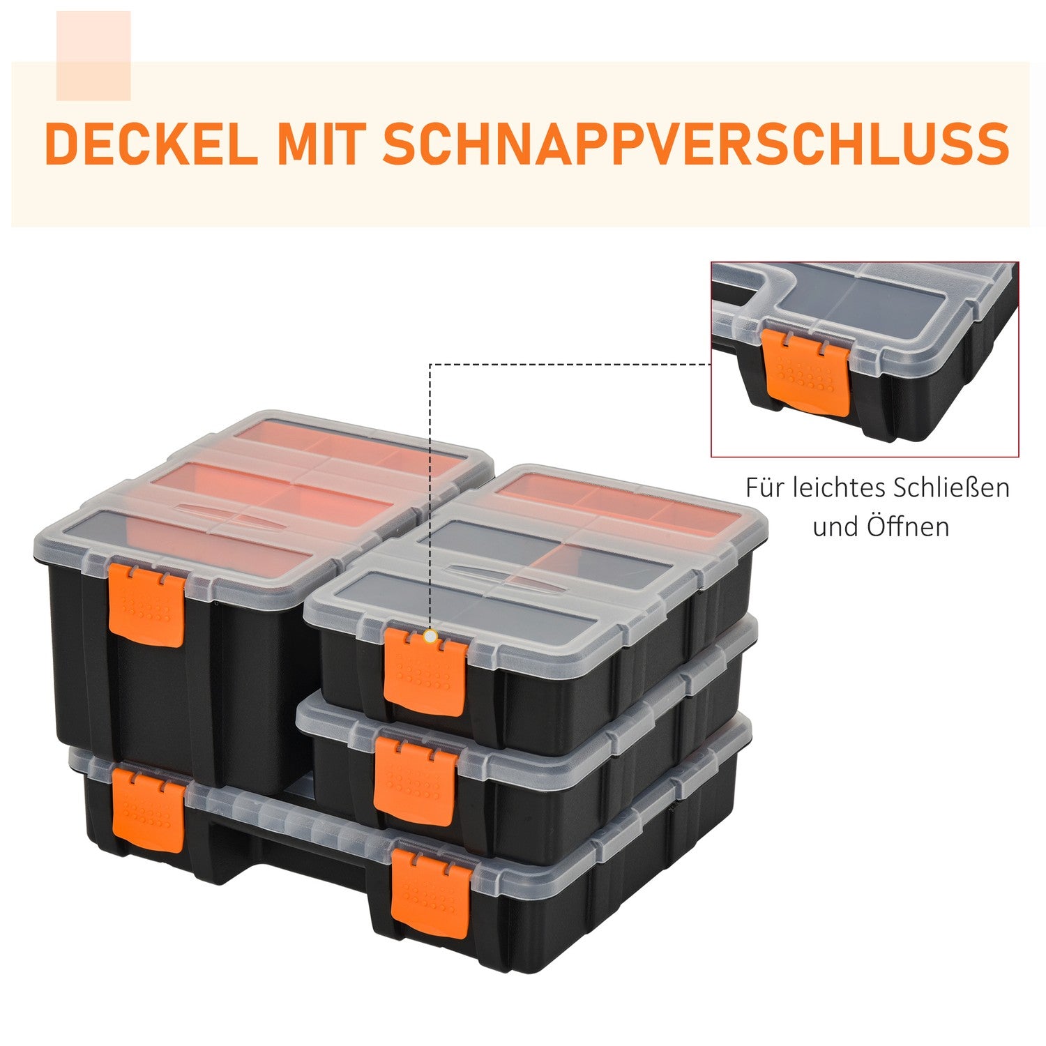 Multifunktionell verktygsförvaringslåda, 4-delad, plast, orange/svart