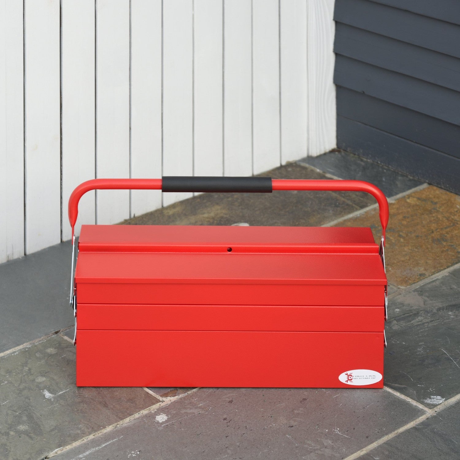 Fällbar verktygslåda i stål – 5 fack, röd, 57x21x41 Cm