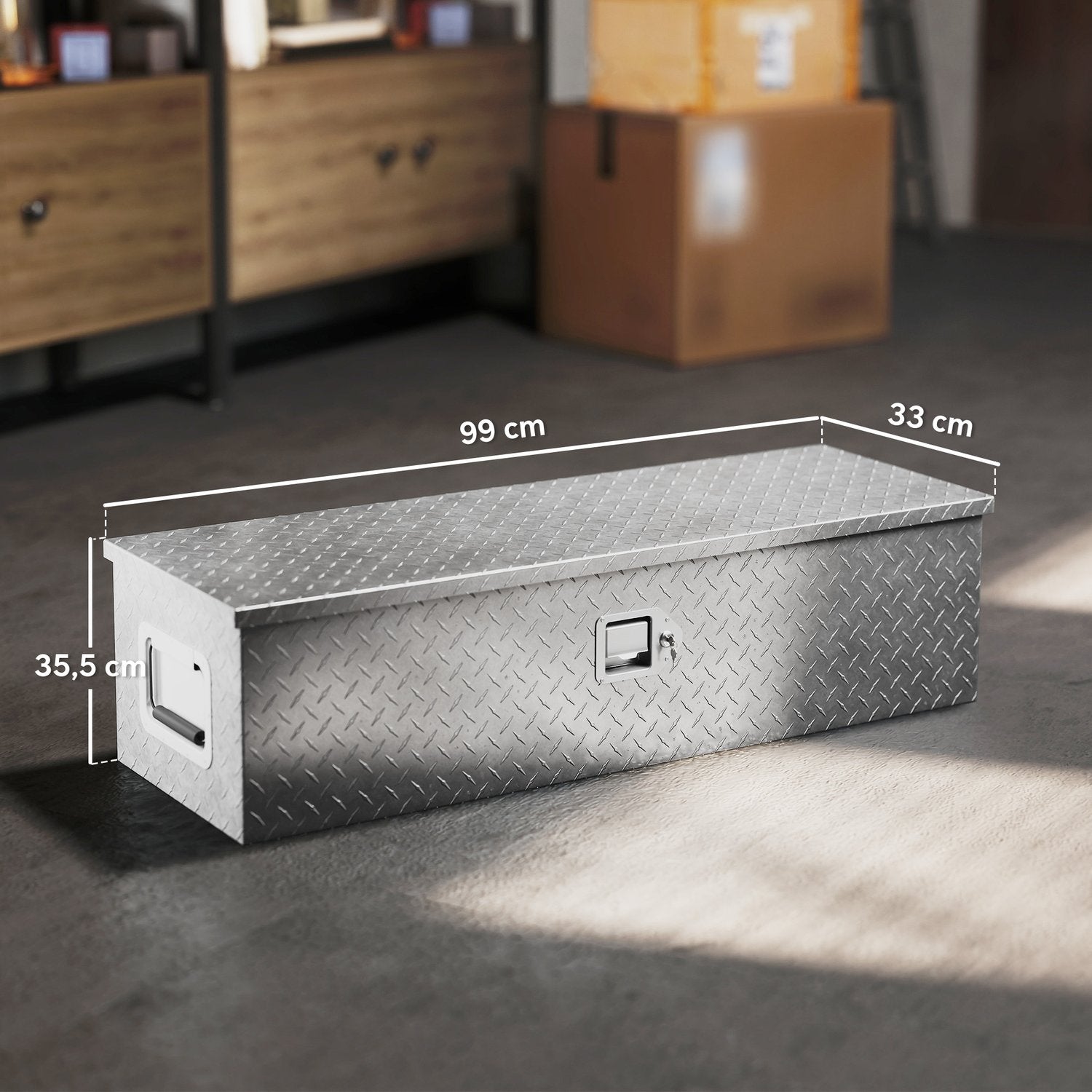 Verktygslåda i aluminium med lås och sidohandtag, 99 x 33 x 25,5 cm