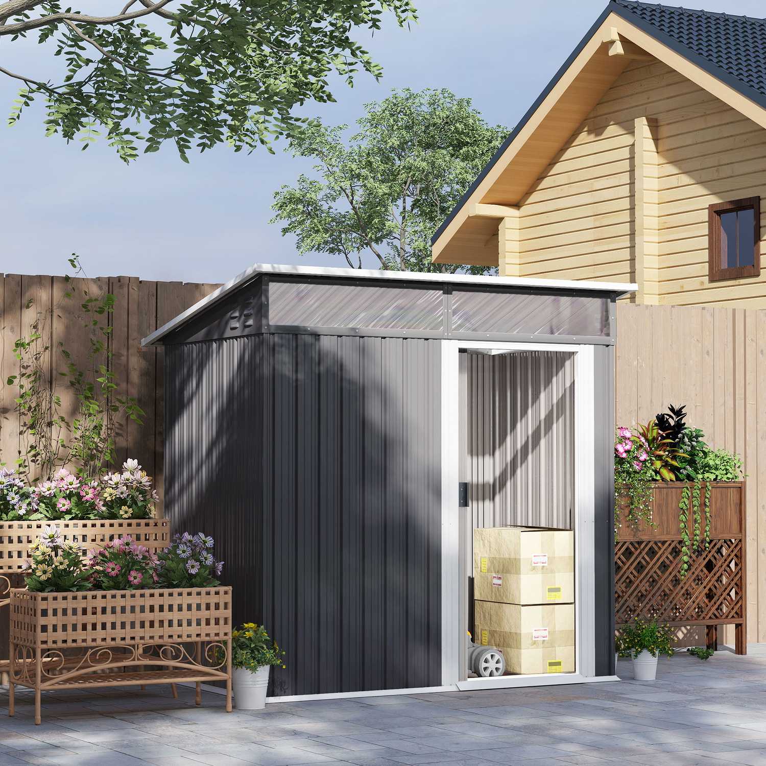 Verktøyskur i metall 1,9 m² med skyvedør og vindu