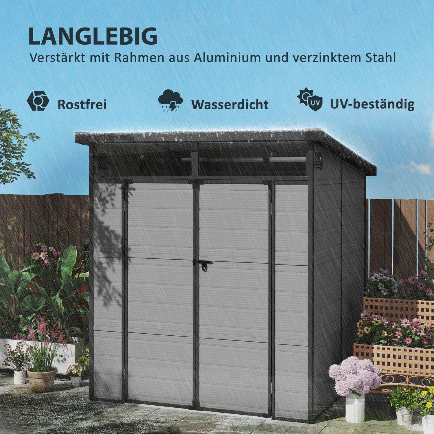 Verktygsskjul i plast – 3,24 m³, låsbar, väderbeständig, ljusgrå