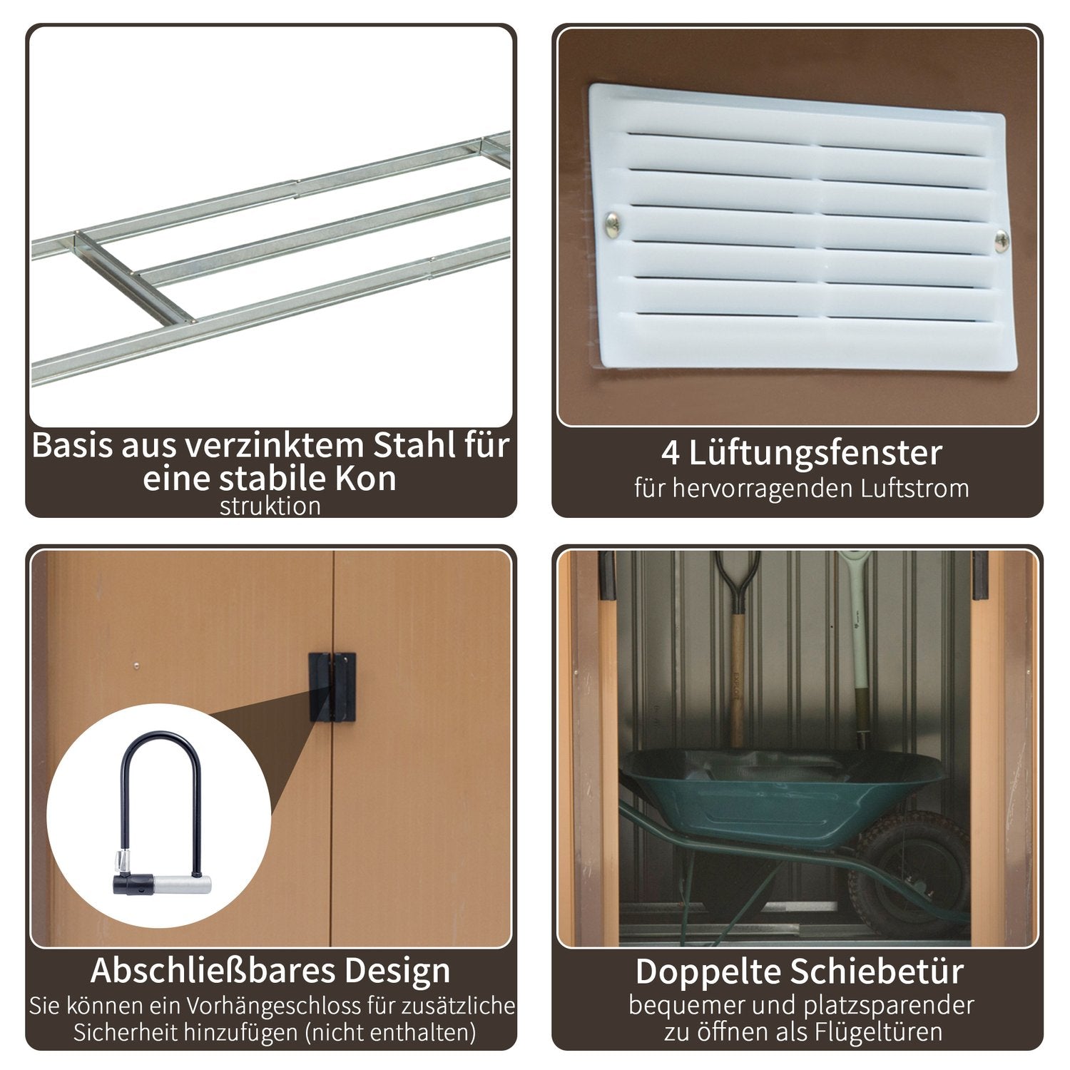 Verktygsskjul i stål med skjutdörrar och golv, 213x130x185 cm