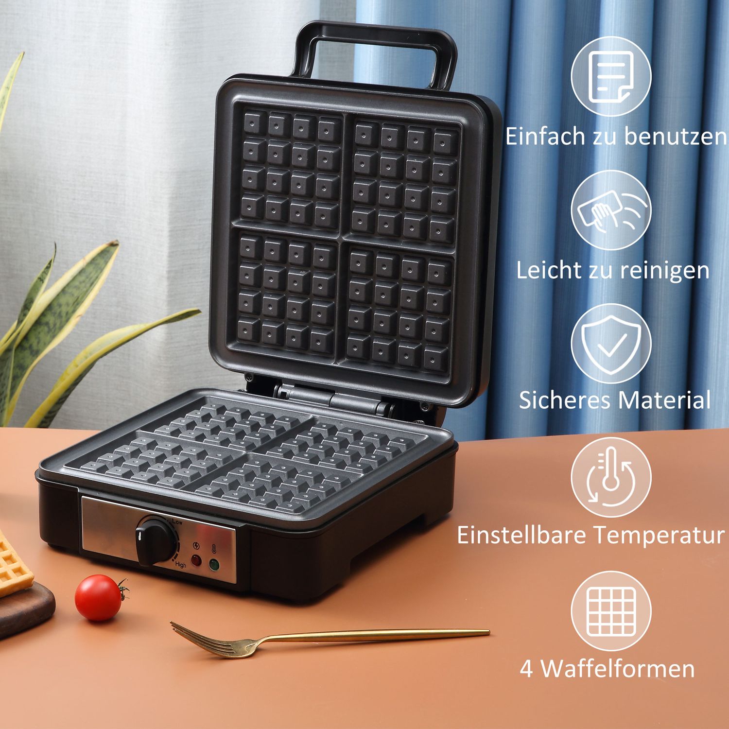 Våffelbryggare, non-stick, justerbar temperatur, svart, 1200W
