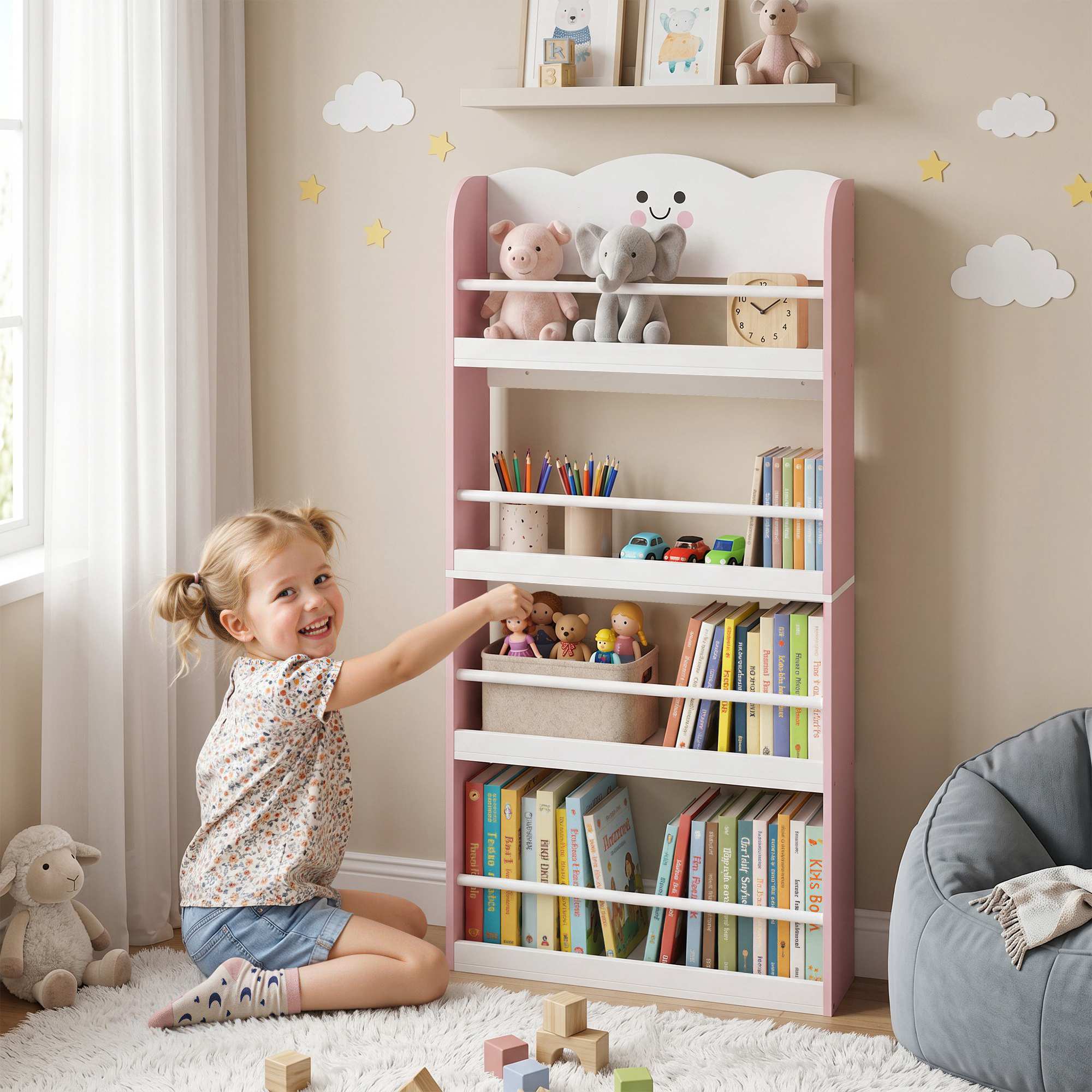 Väggmonterad barnbokhylla, 4 våningar, rosa/vit