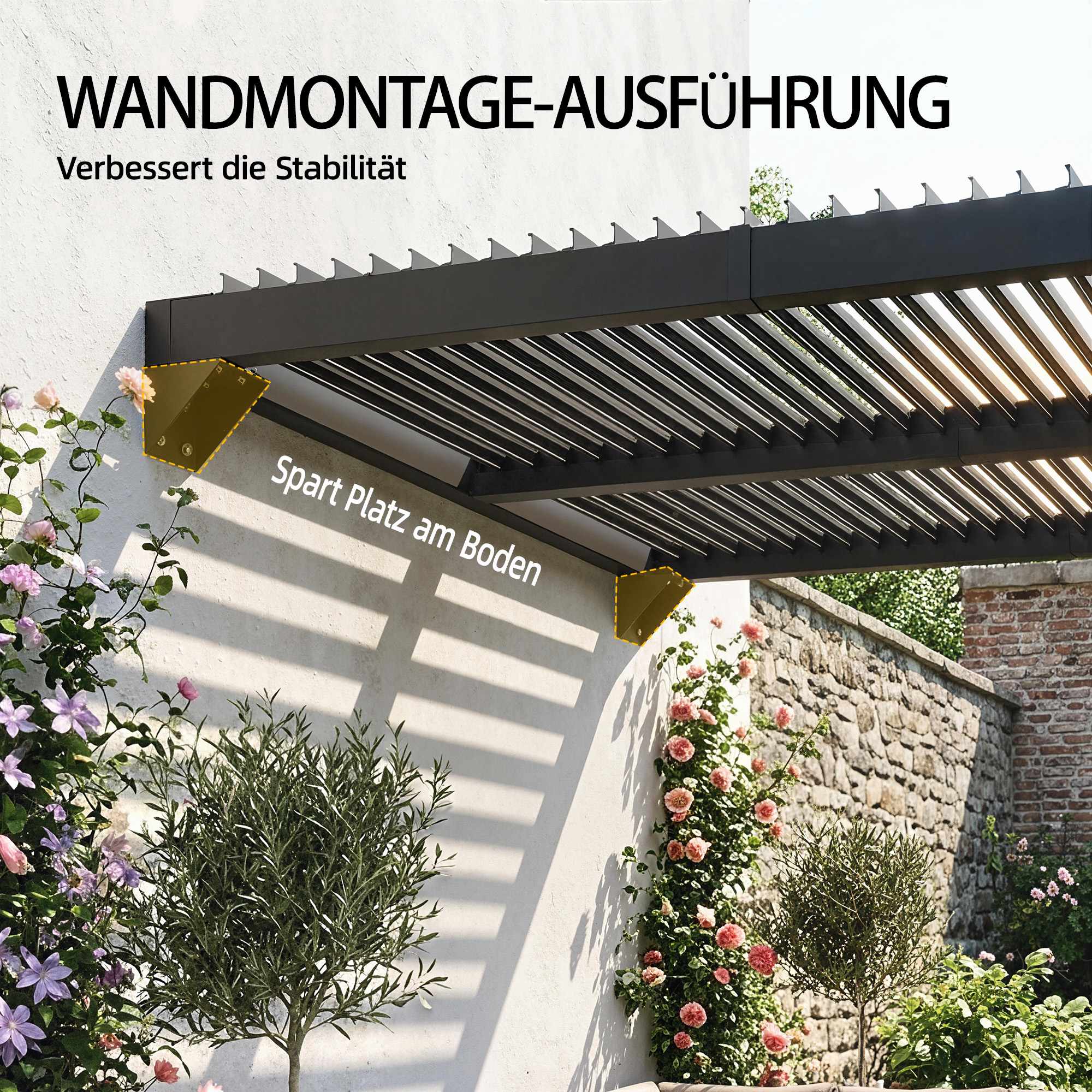 Väggmonterad pergola med lameller, 3x3m, justerbart metalltak