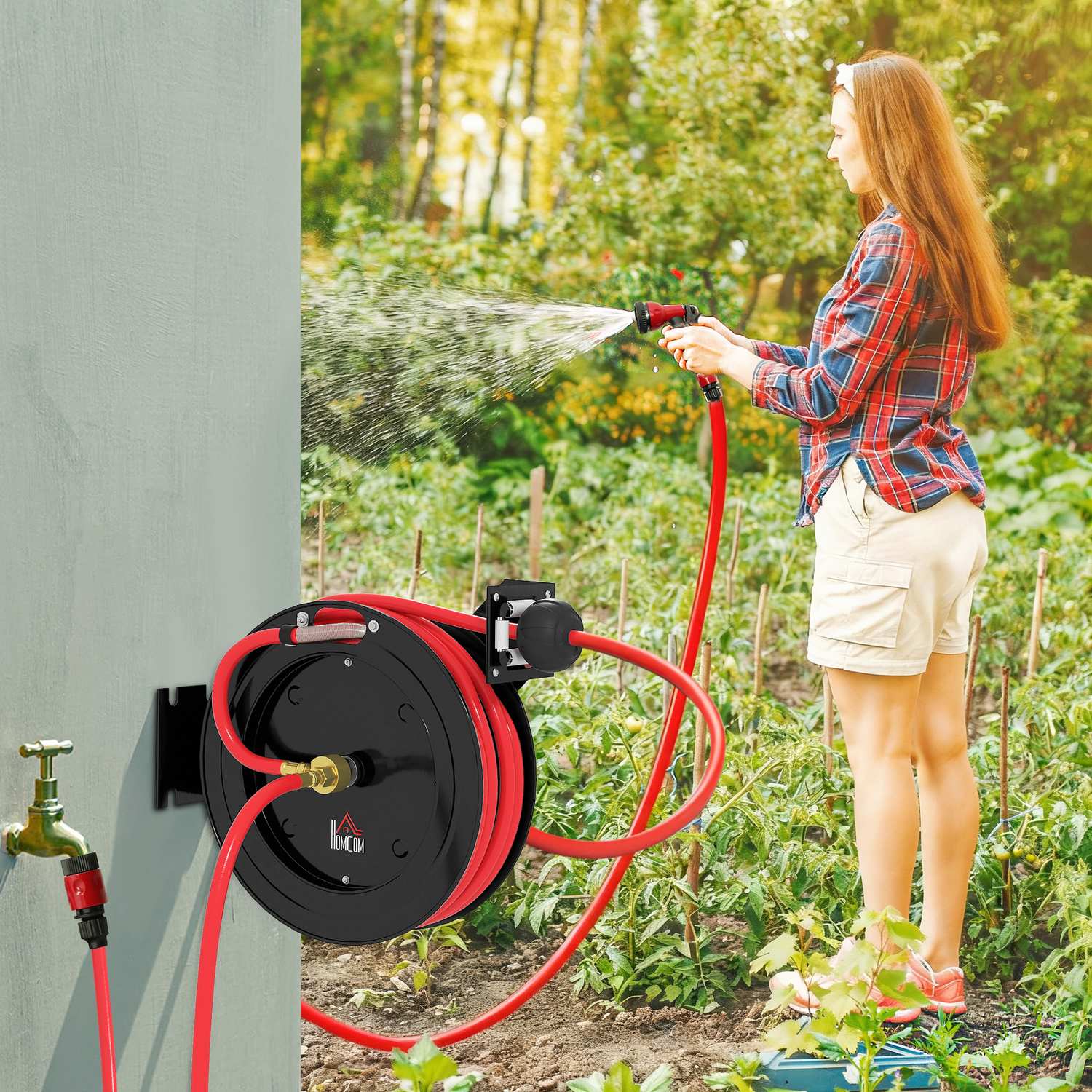 Väggmonterad trädgårdsslangvinda, automatisk indragning, 15+1m, metall