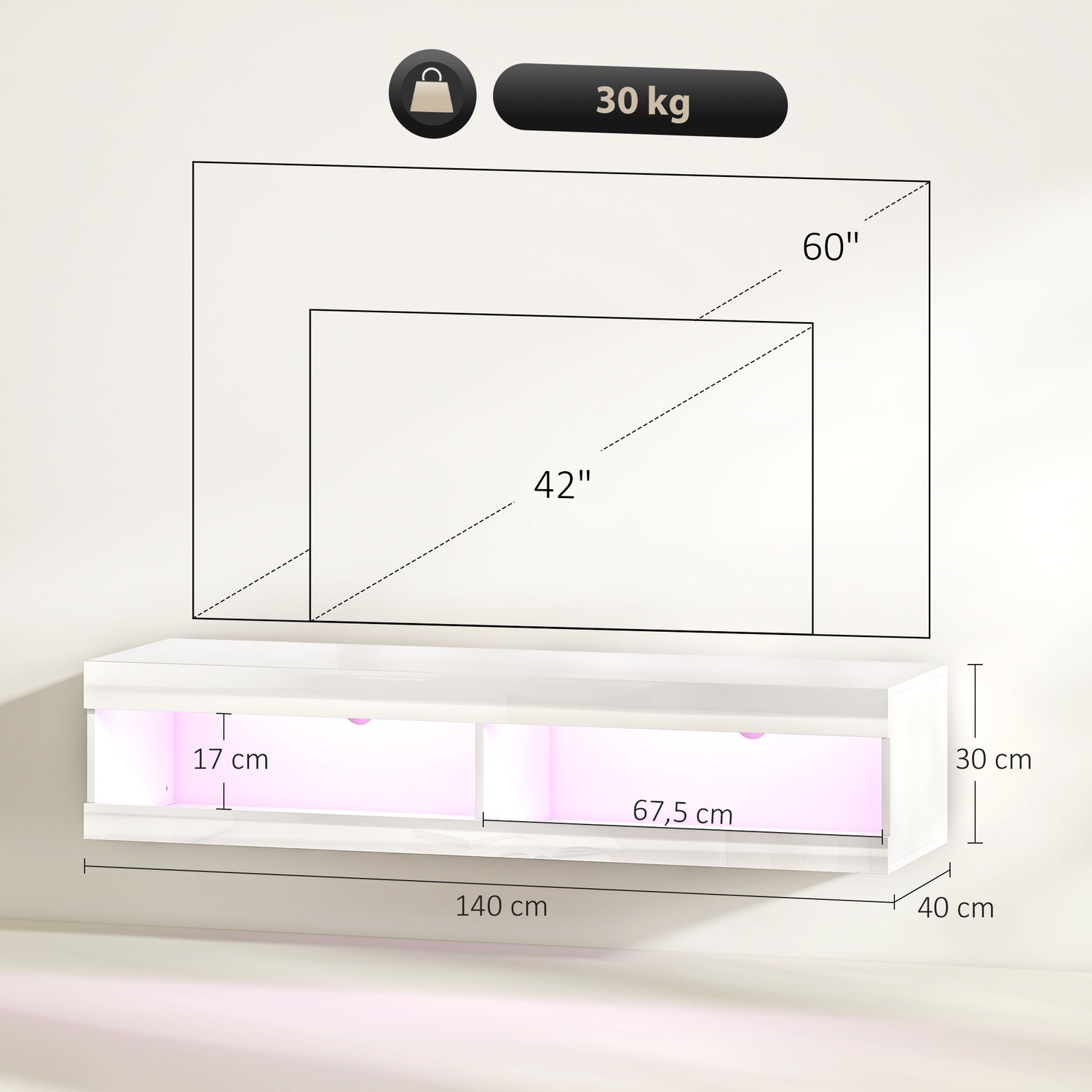 Väggmonterat TV-stativ med RGB LED för 55-60 tums TV-apparater