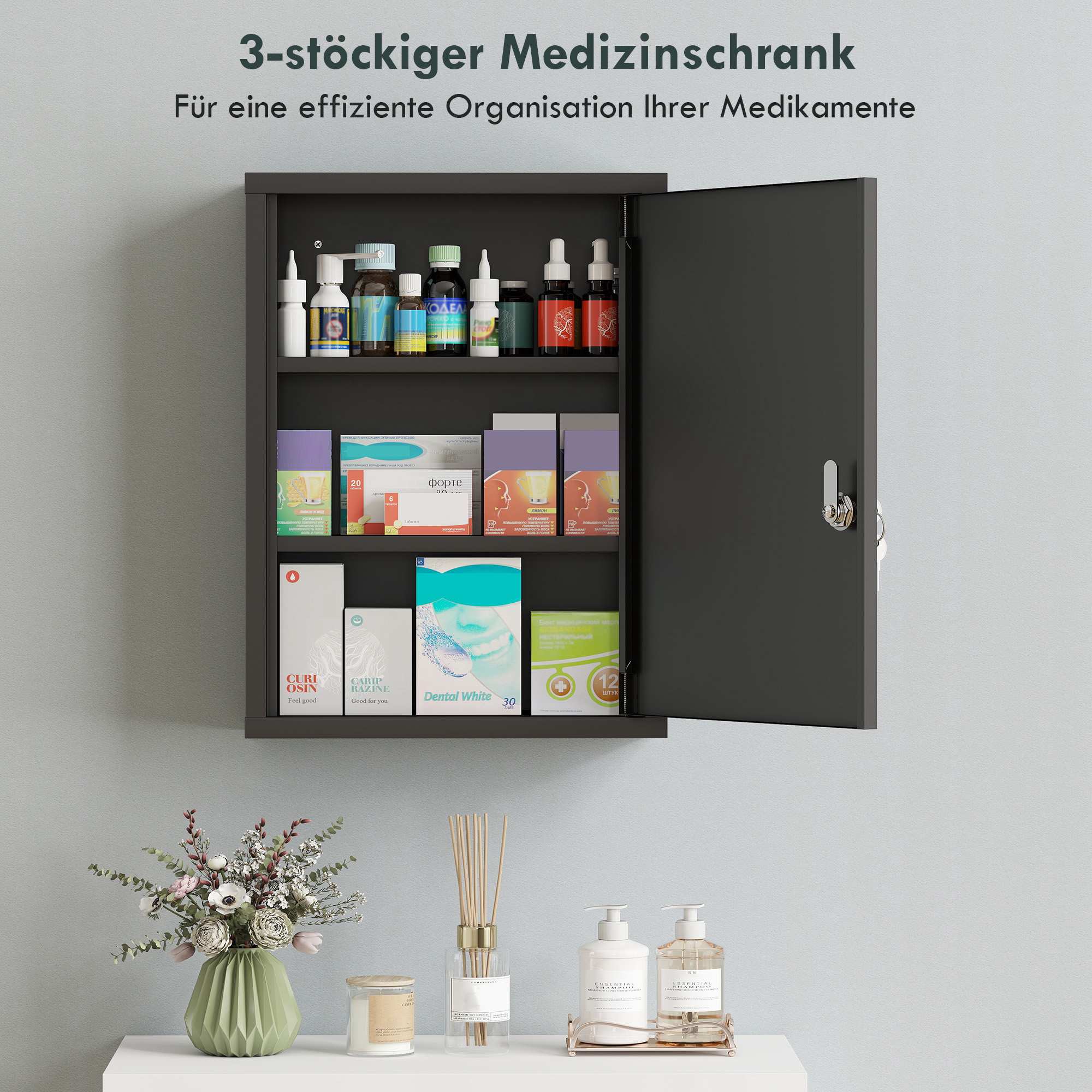 Väggmonterat medicinskåp i stål med lås, 3 hyllor, svart