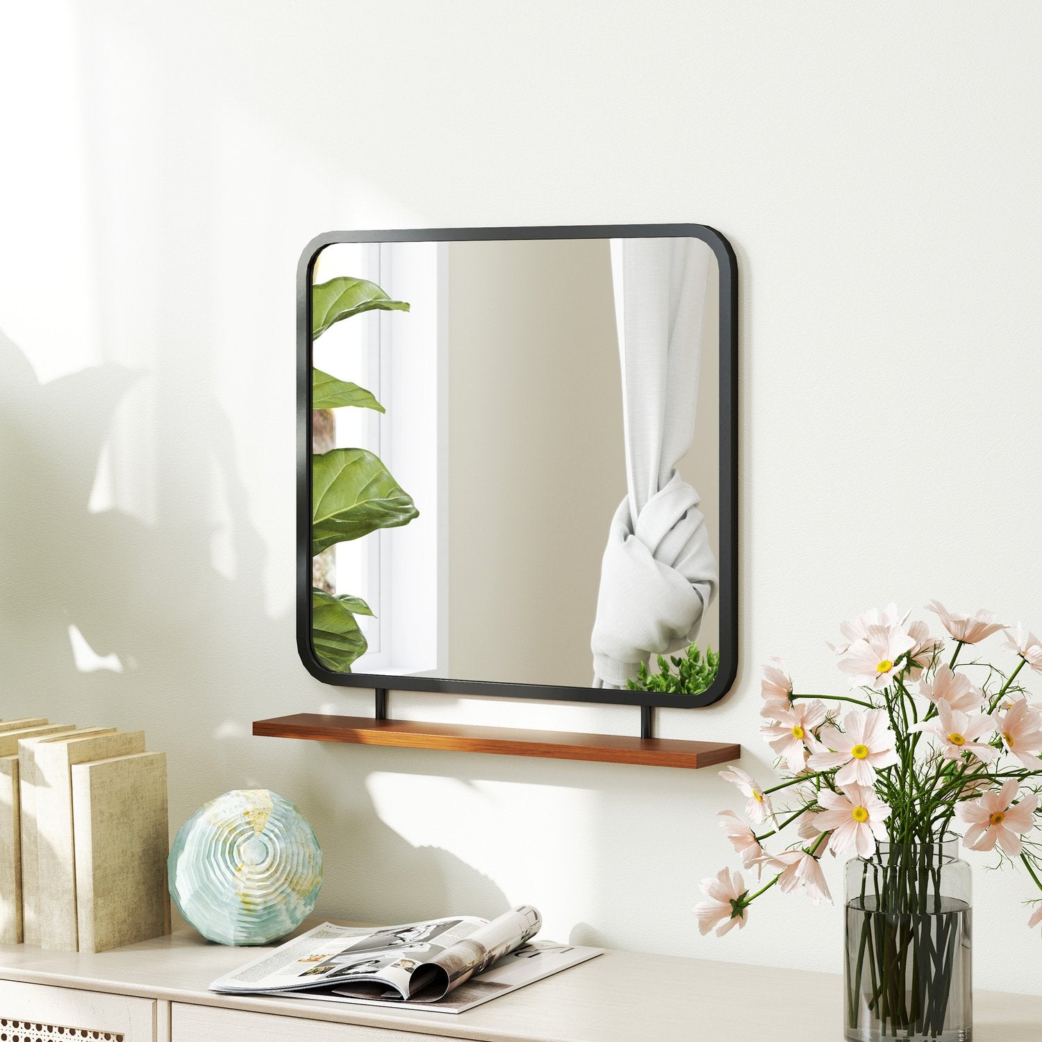 Svart rektangulär väggspegel med hylla – 55 x 55,5 cm