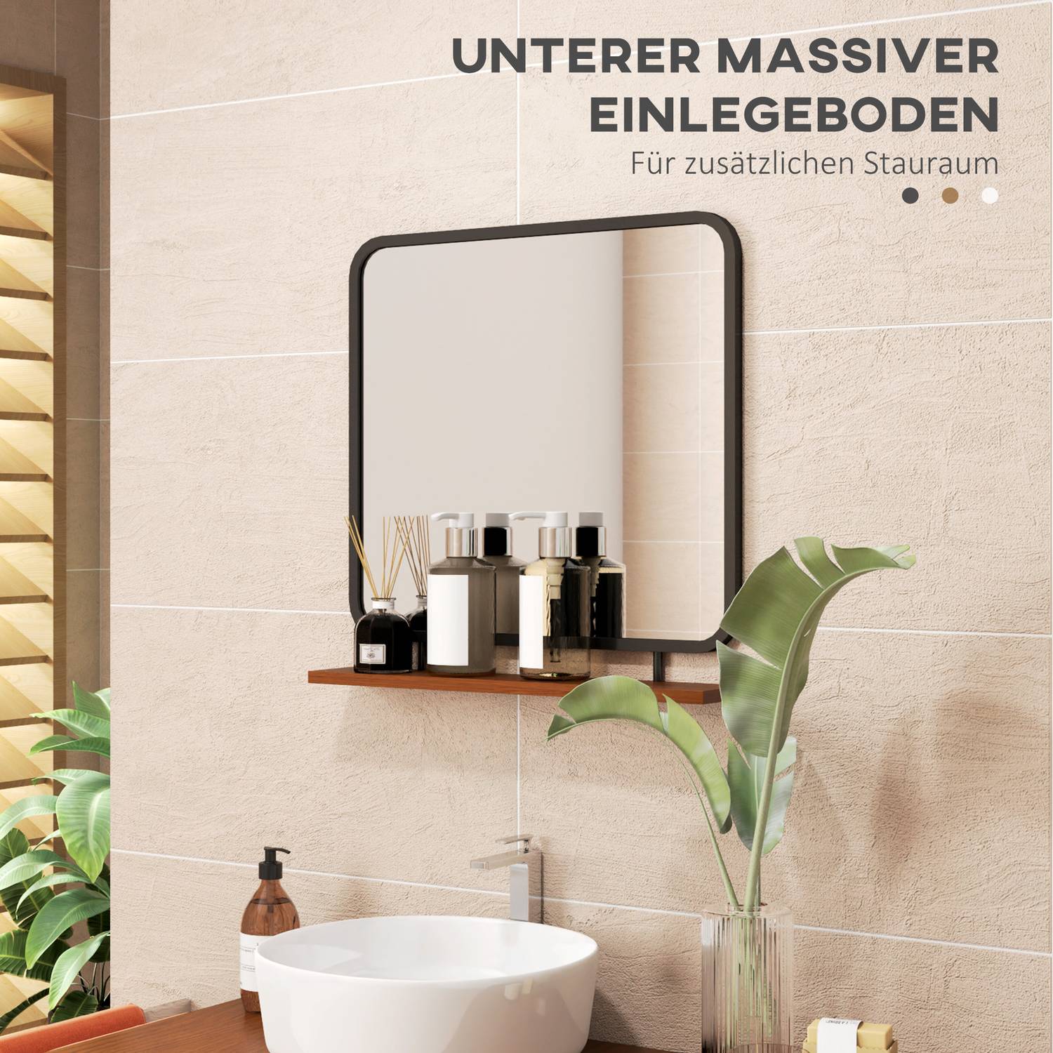 Svart rektangulär väggspegel med hylla – 55 x 55,5 cm